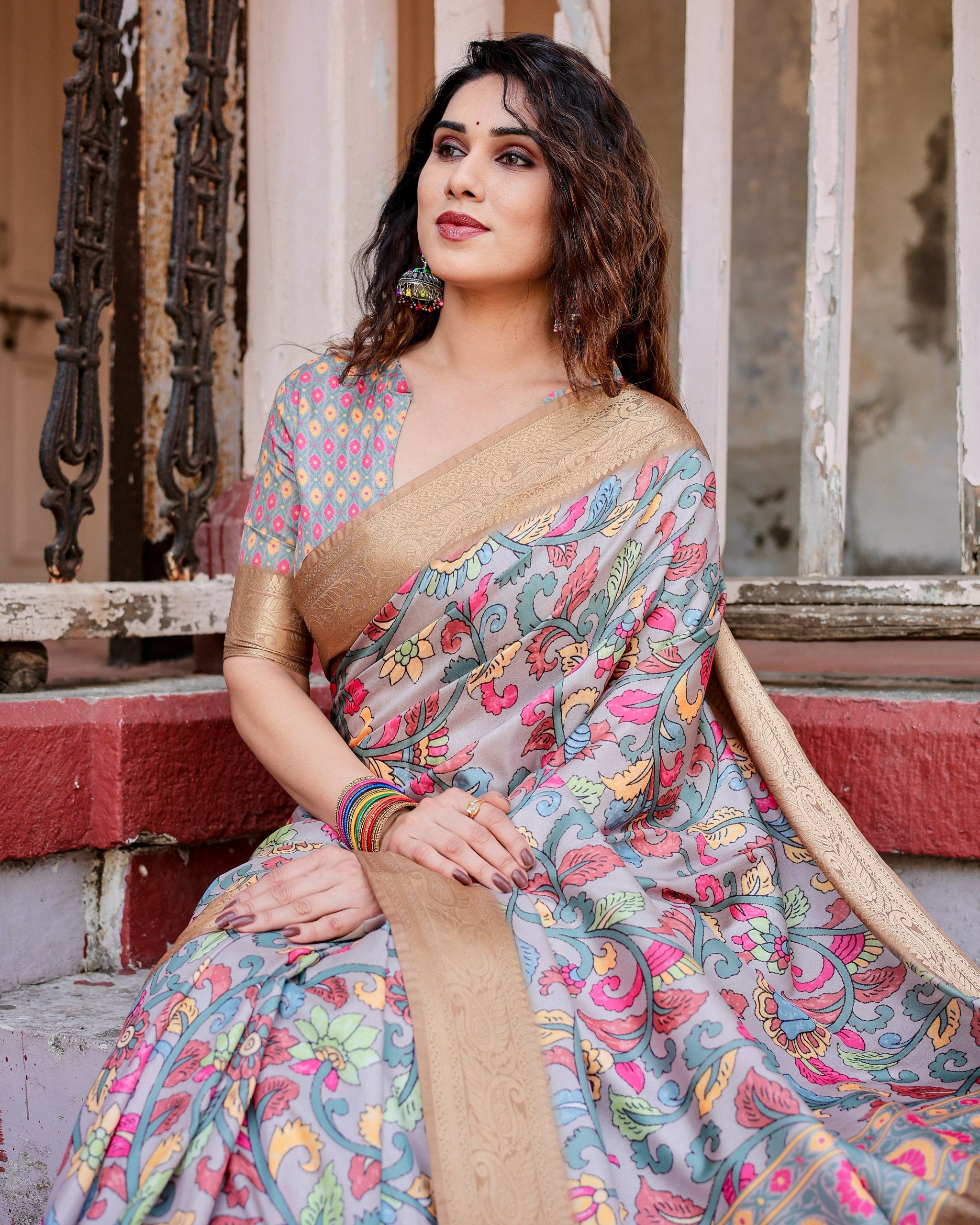 Pure Silk Digital Printed Saree with Brocade Blouse Colorful Saree