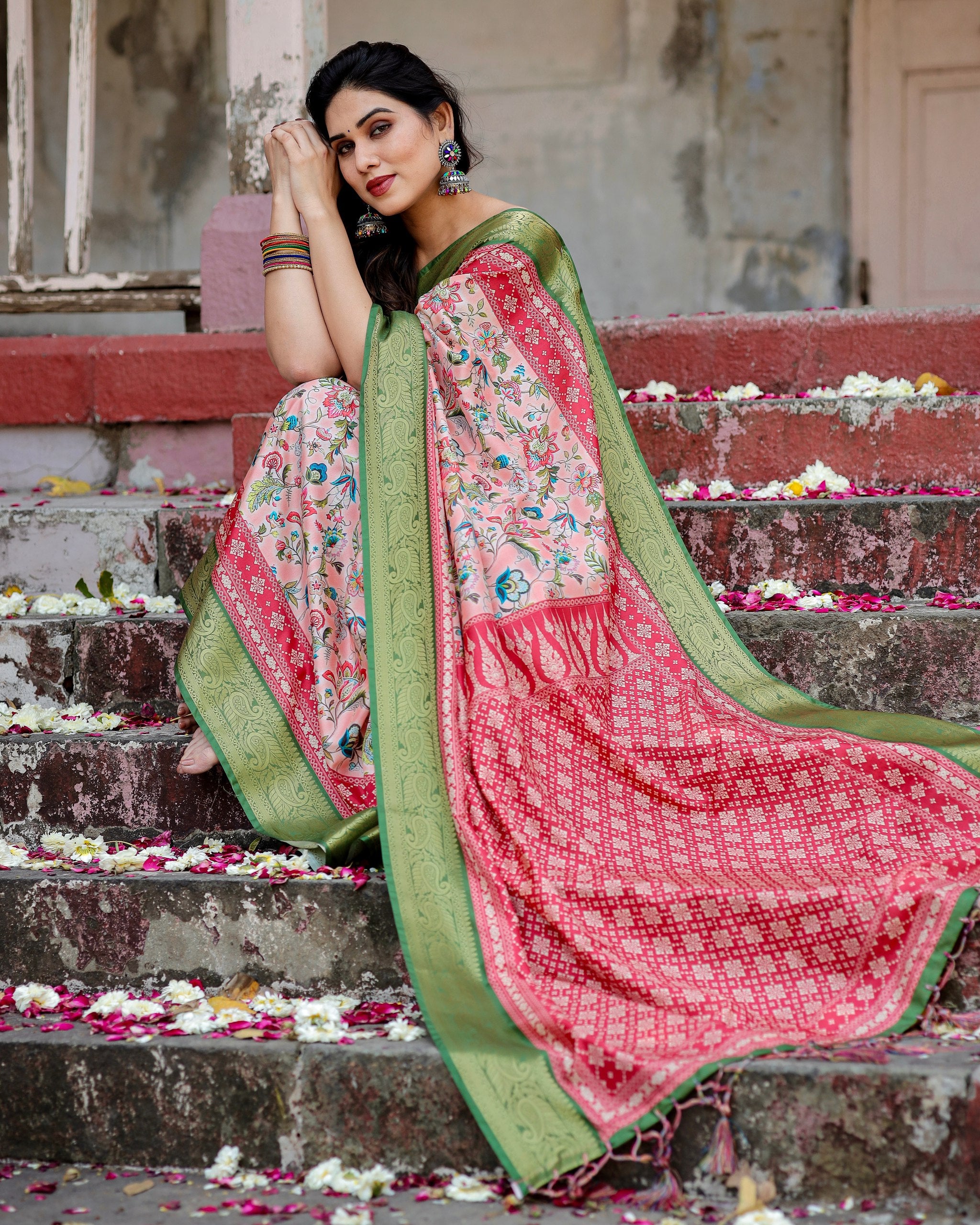 Pure Silk Digital Printed Saree with Brocade Blouse Colorful Saree