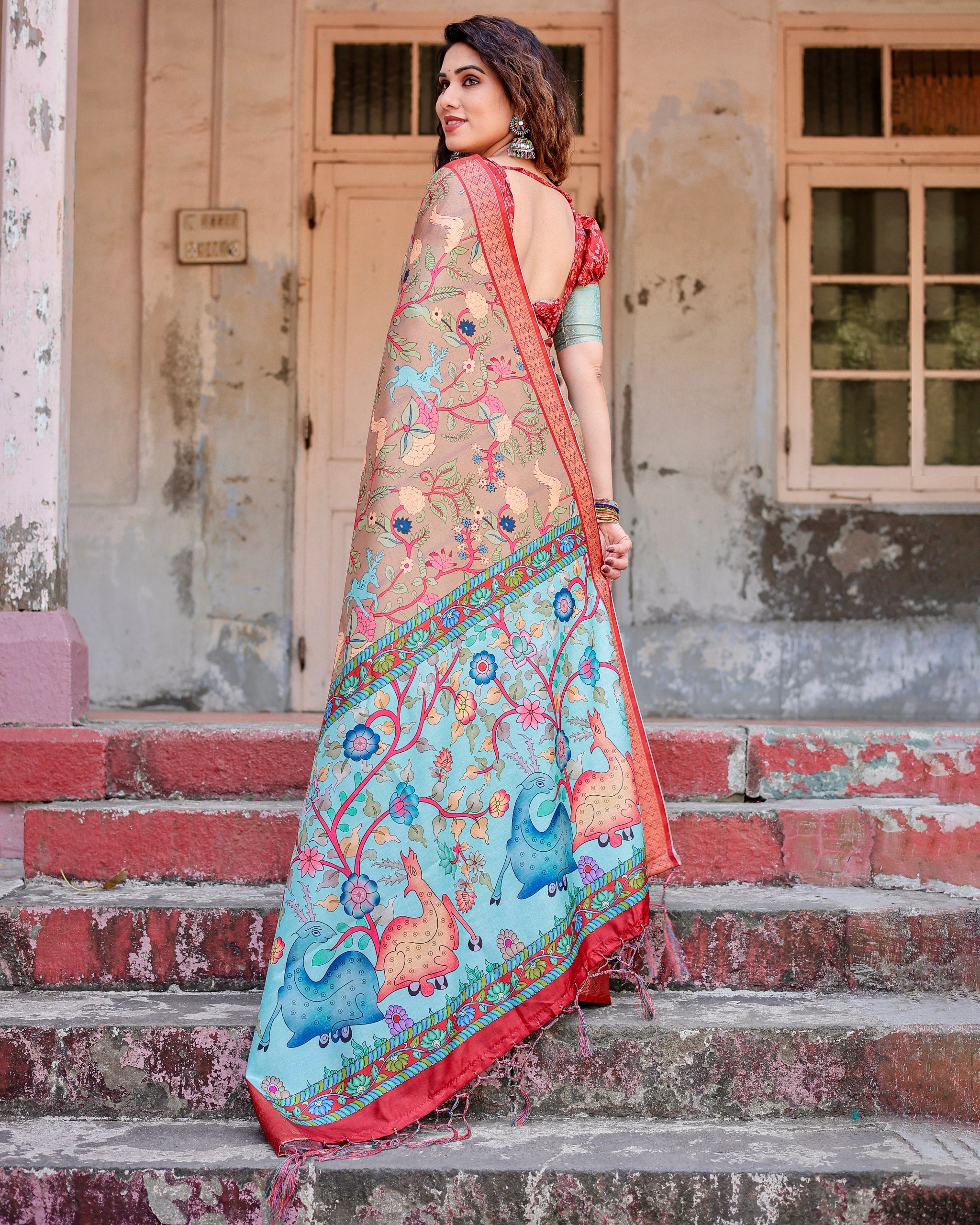 Pure Silk Digital Printed Saree with Brocade Blouse Colorful Saree