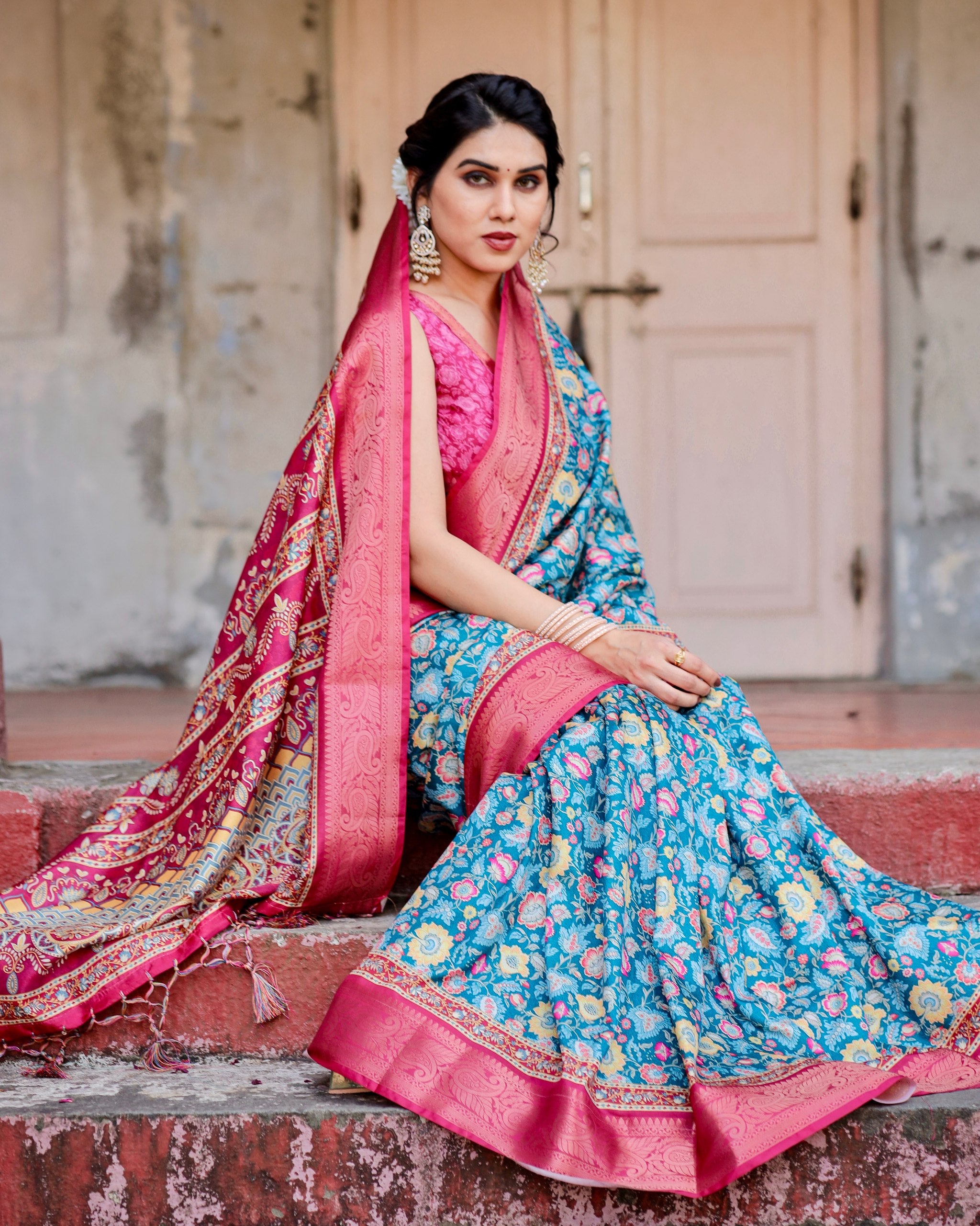 Pure Silk Digital Printed Saree with Brocade Blouse Colorful Saree