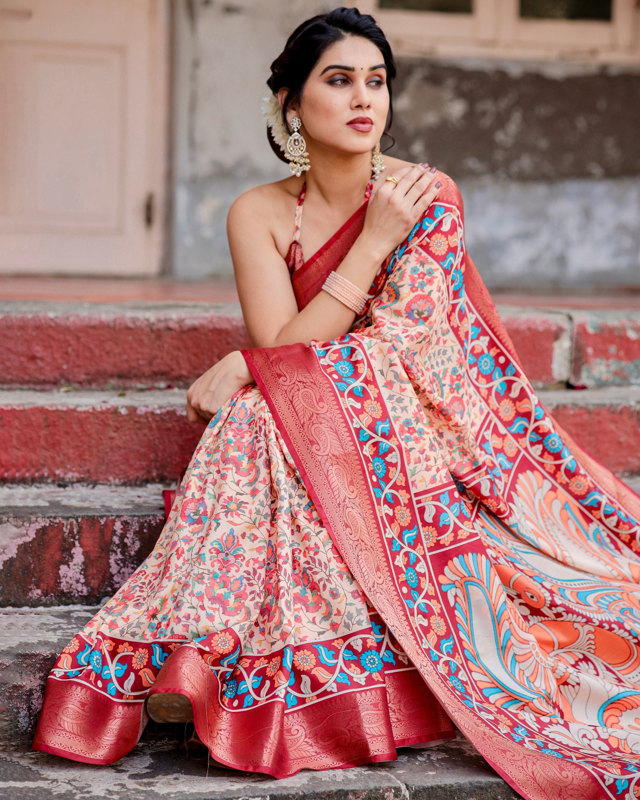 Pure Silk Digital Printed Saree with Brocade Blouse Colorful Saree