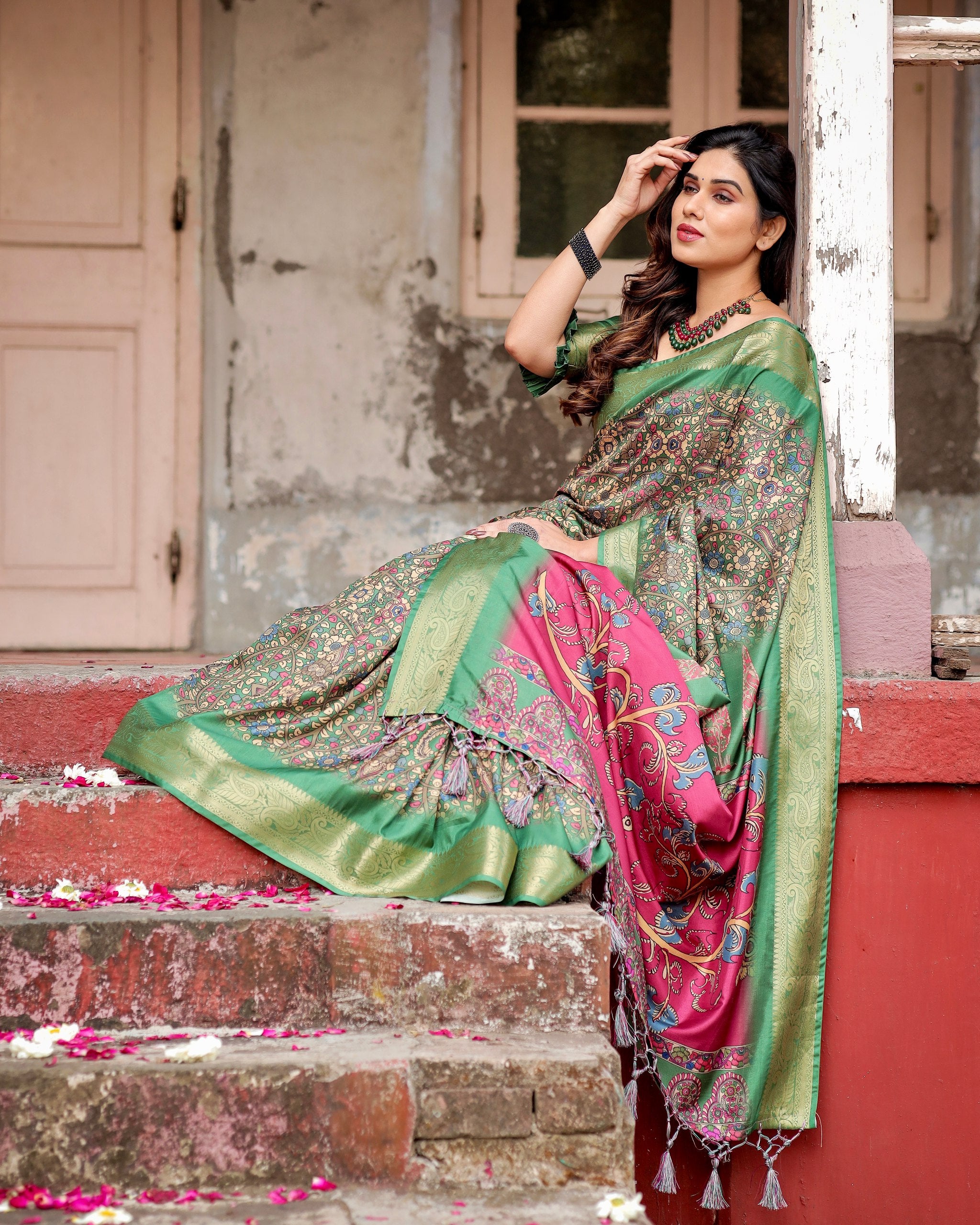 Pure Silk Digital Printed Saree with Brocade Blouse Colorful Saree