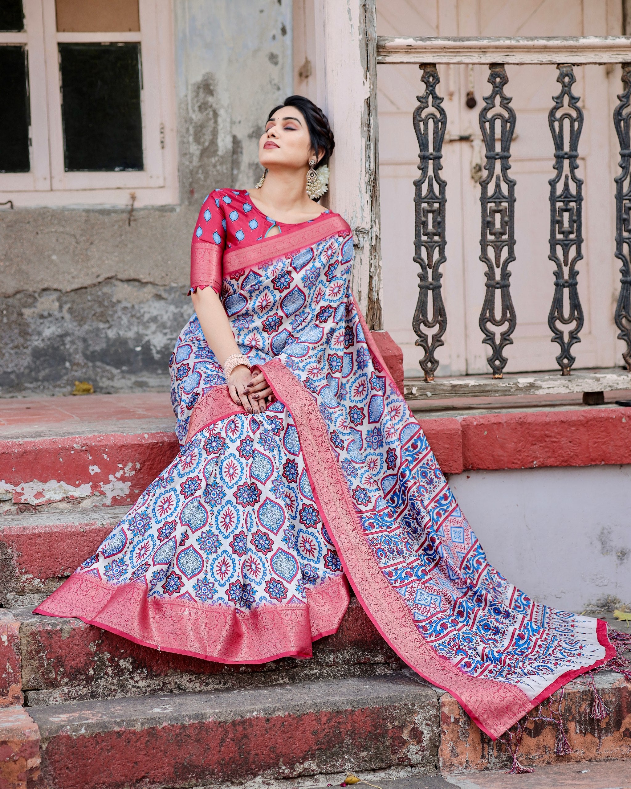 Pure Silk Digital Printed Saree with Brocade Blouse Colorful Saree