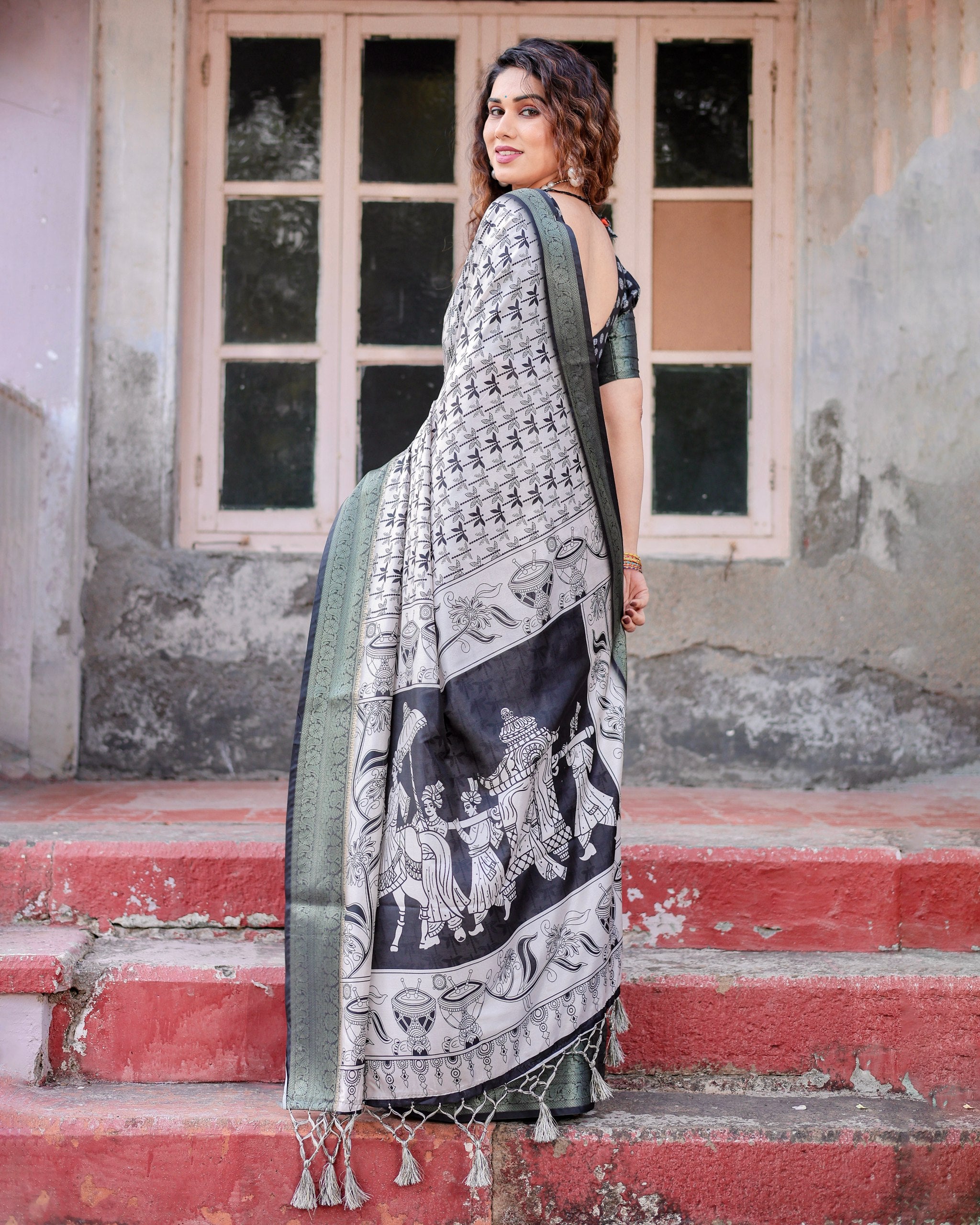 Pure Silk Digital Printed Saree with Brocade Blouse and Enchanting Tassels Colorful Saree