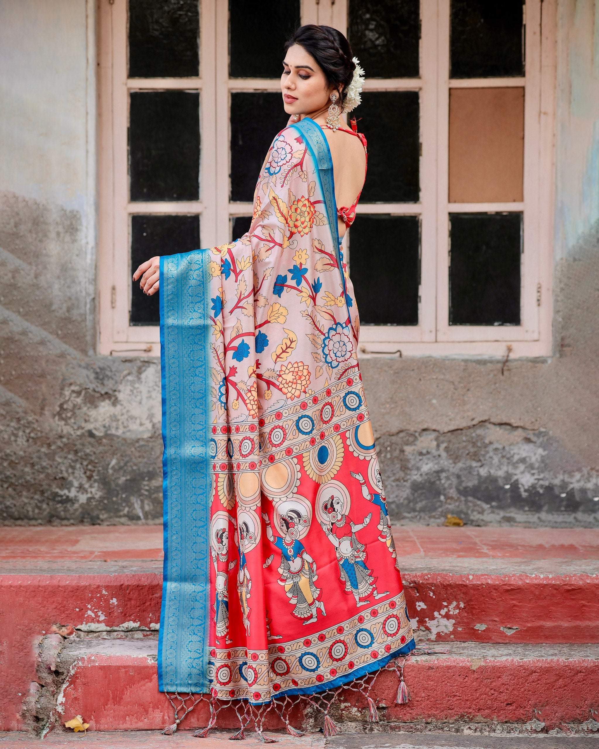 Pure Silk Digital Printed Saree with Brocade Blouse and Enchanting Tassels Colorful Saree