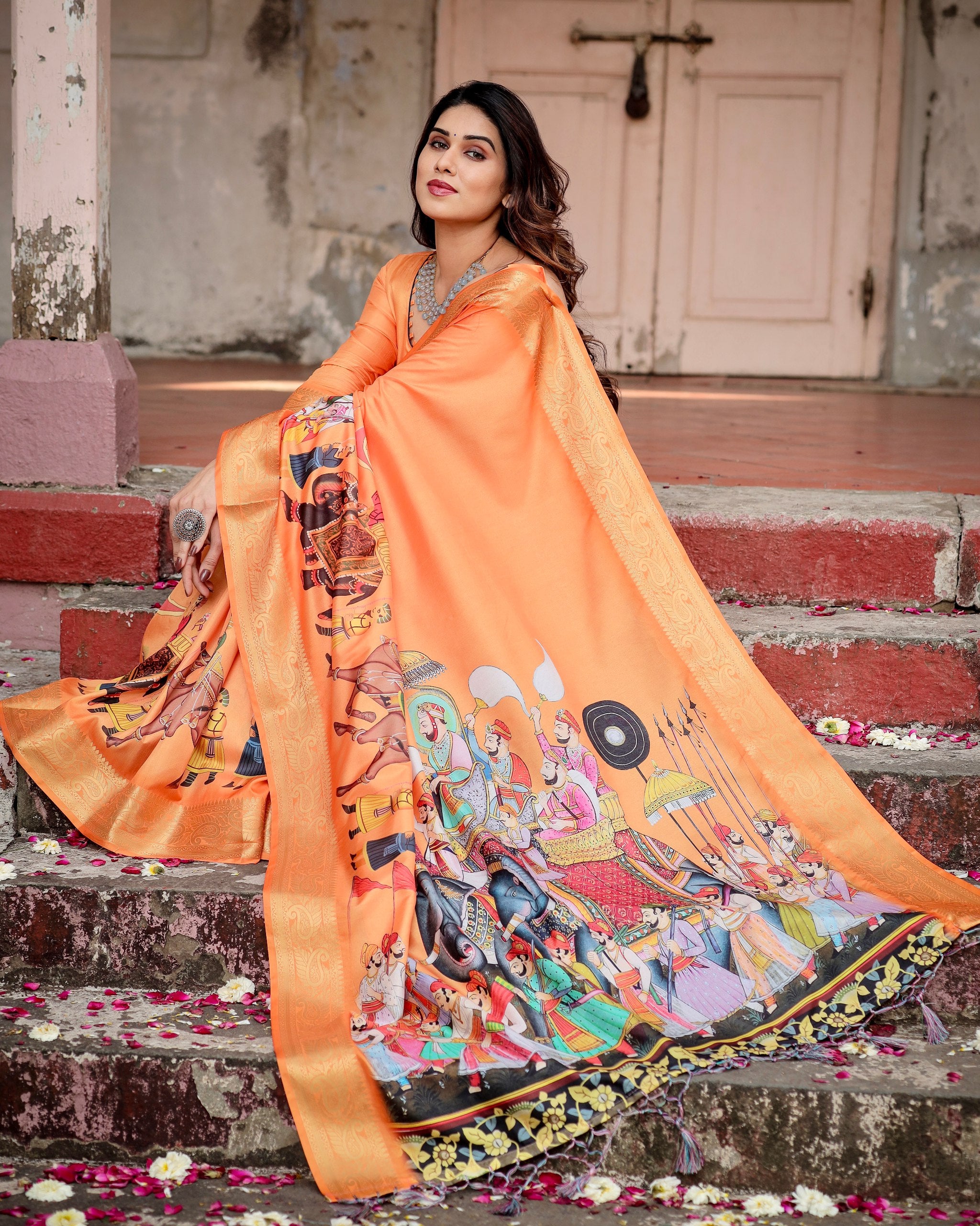 Pure Silk Digital Printed Saree with Brocade Blouse Colorful Saree