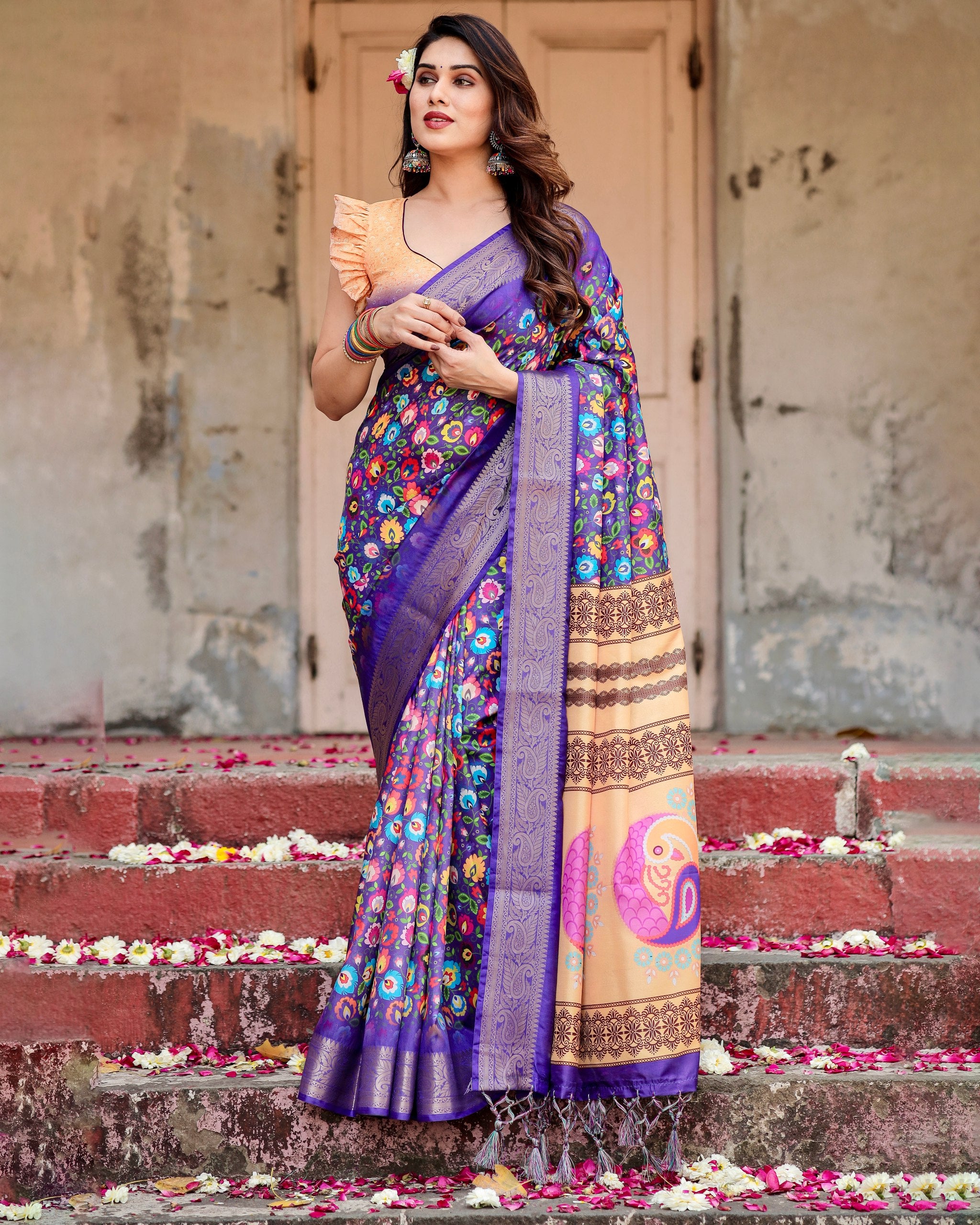 Pure Silk Digital Printed Saree with Brocade Blouse Colorful Saree