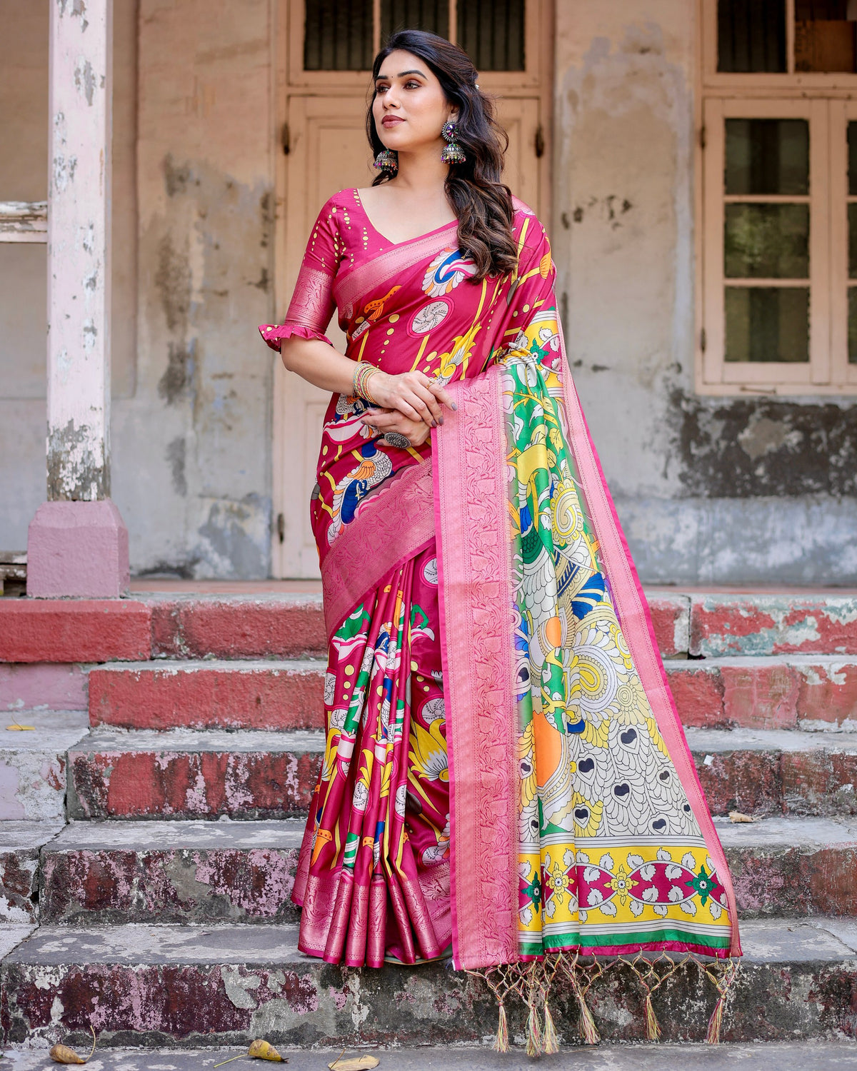 Pure Silk Digital Printed Saree with Brocade Blouse Colorful Saree