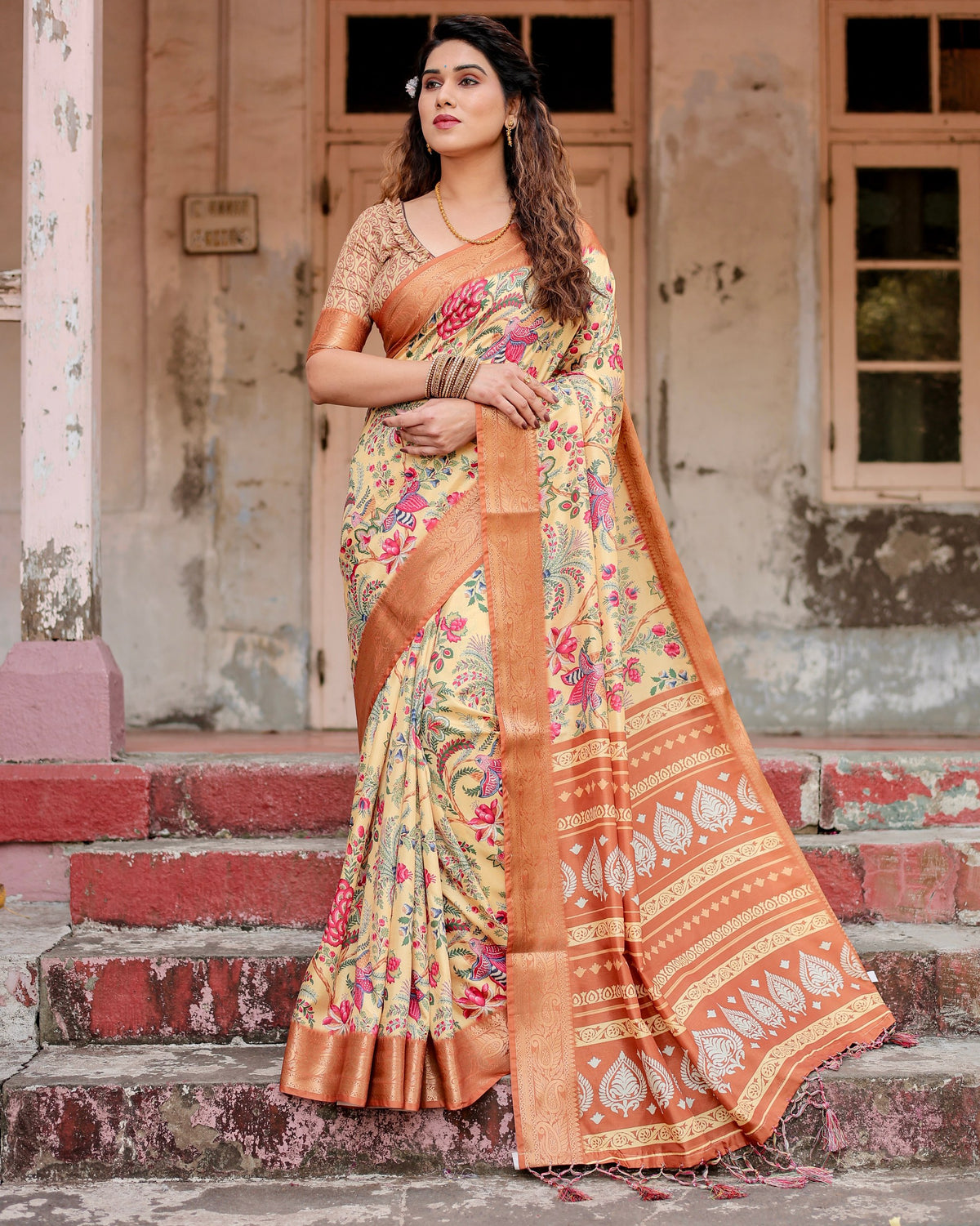 Pure Silk Digital Printed Saree with Brocade Blouse Colorful Saree