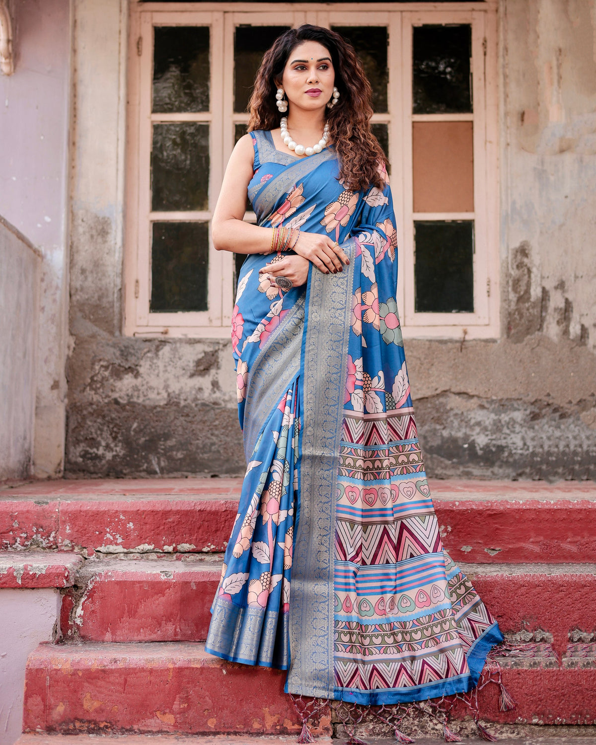 Pure Silk Digital Printed Saree with Brocade Blouse Colorful Saree