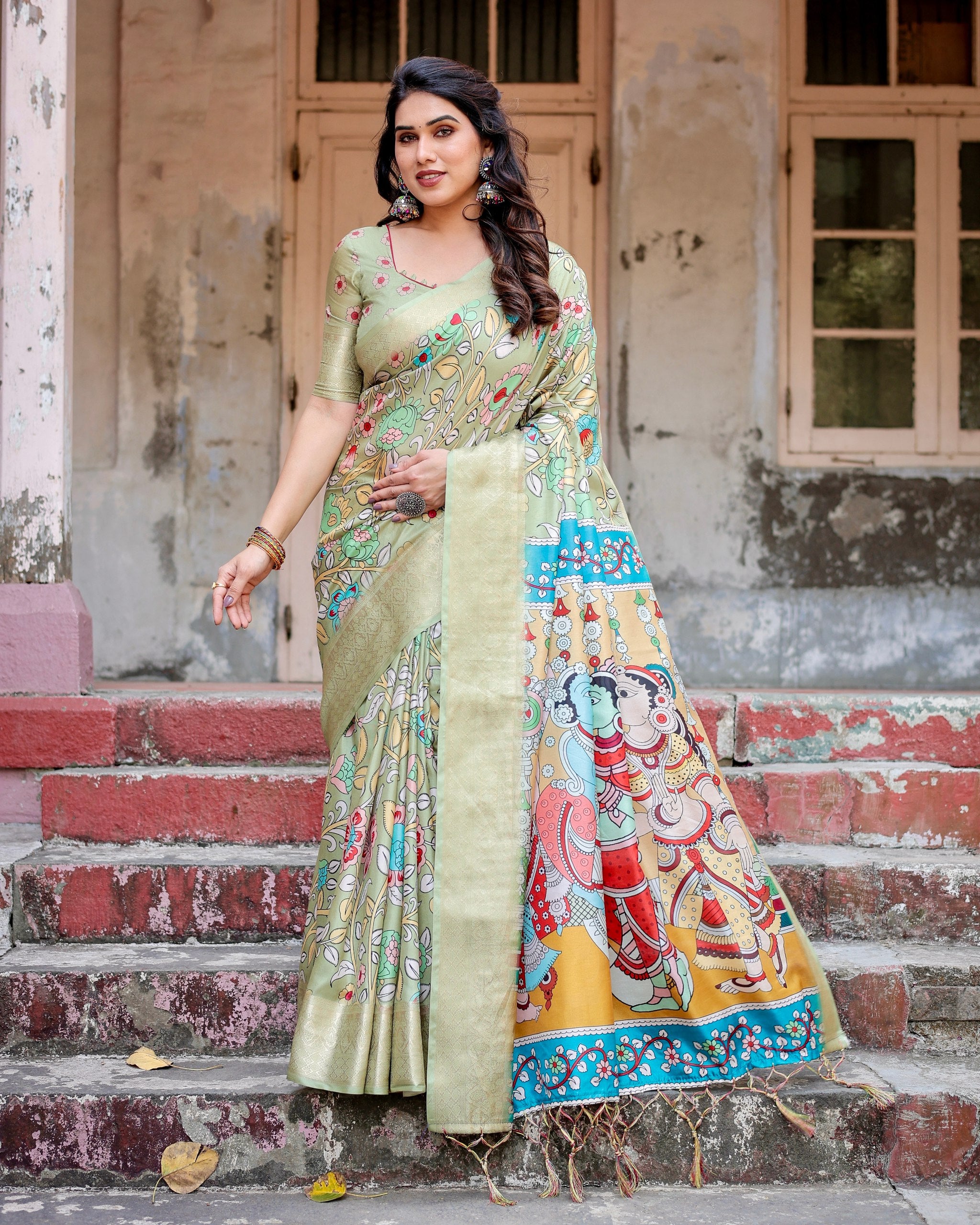 Pure Silk Digital Printed Saree with Brocade Blouse Colorful Saree