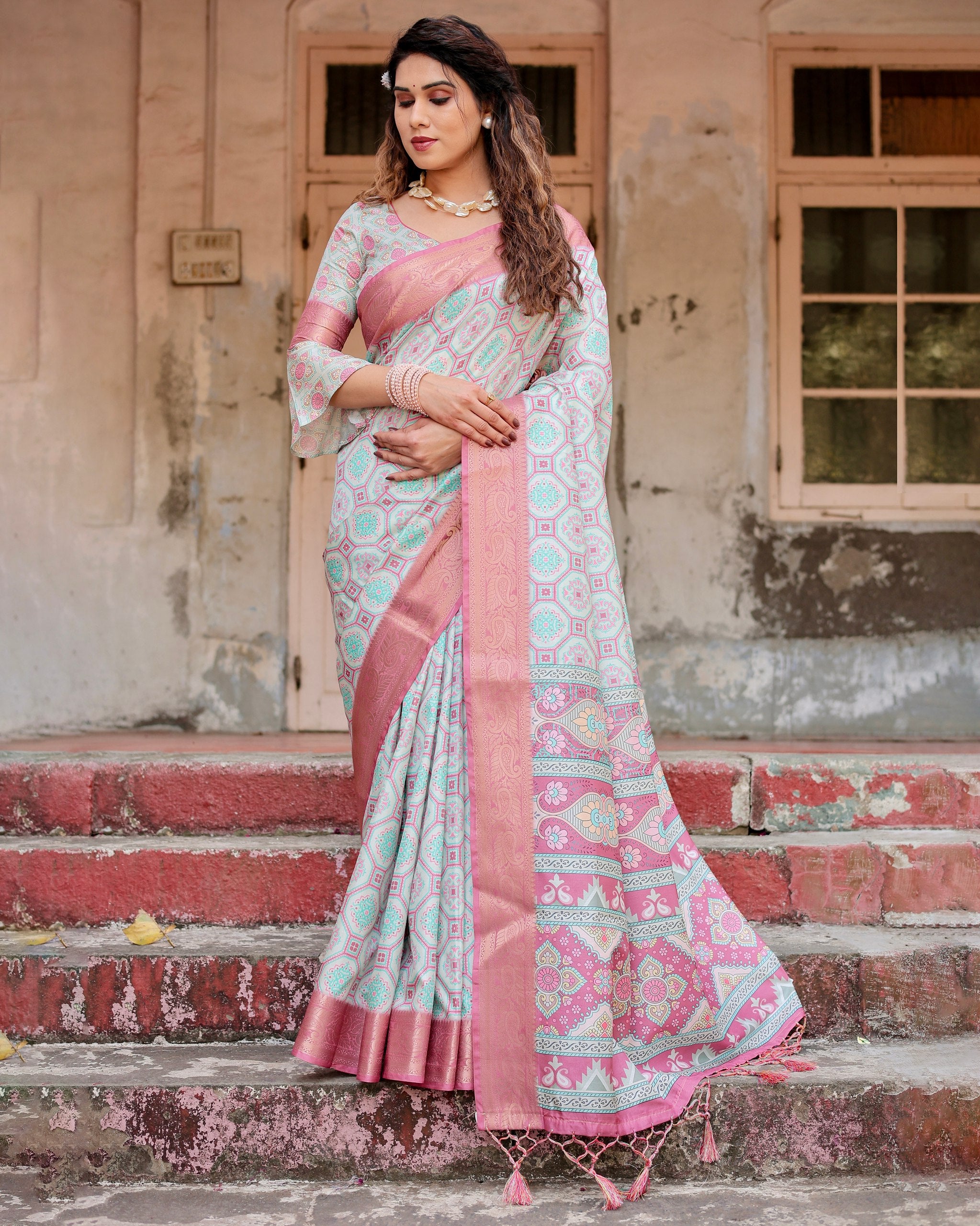 Pure Silk Digital Printed Saree with Brocade Blouse Colorful Saree