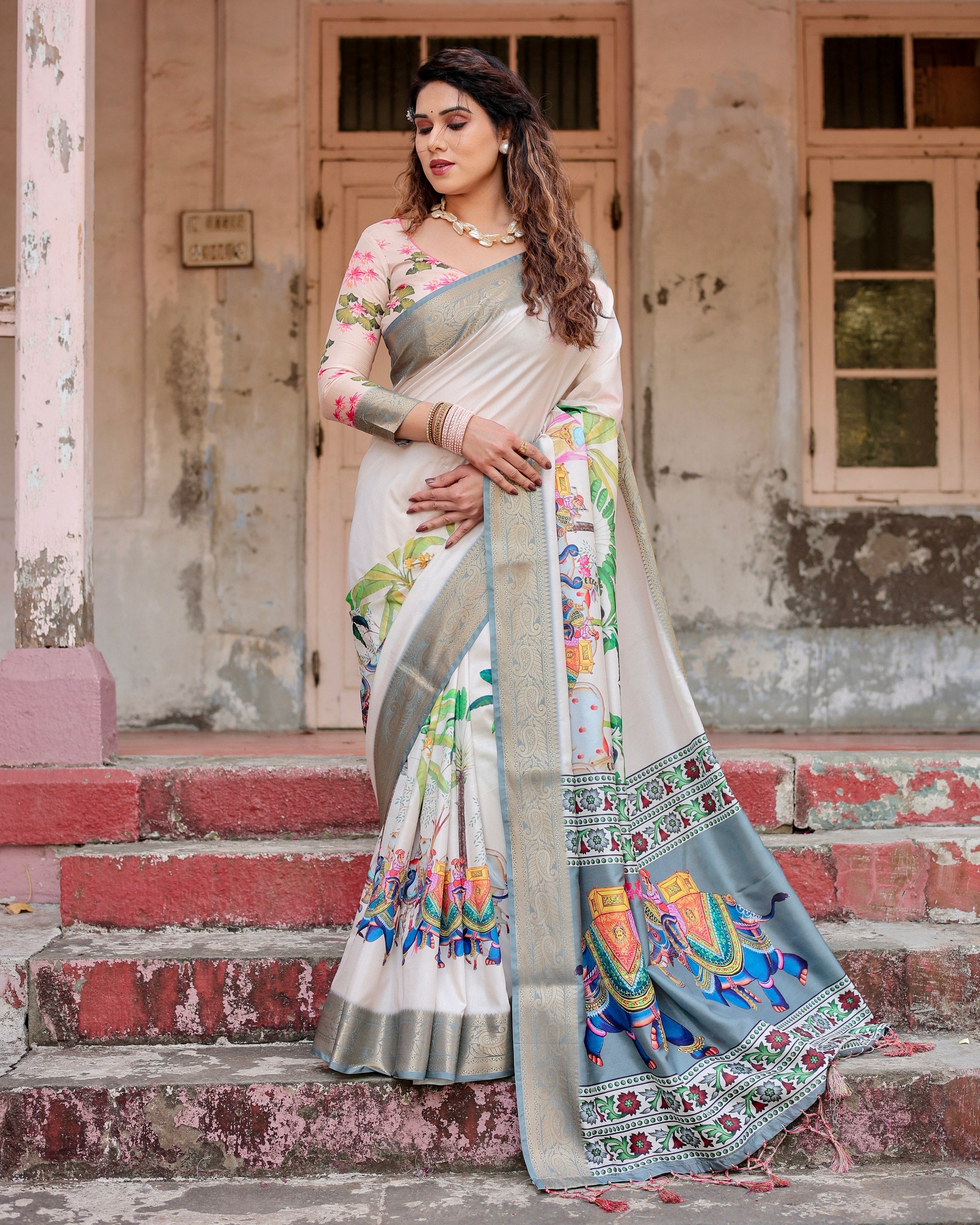 Pure Silk Digital Printed Saree with Brocade Blouse Colorful Saree