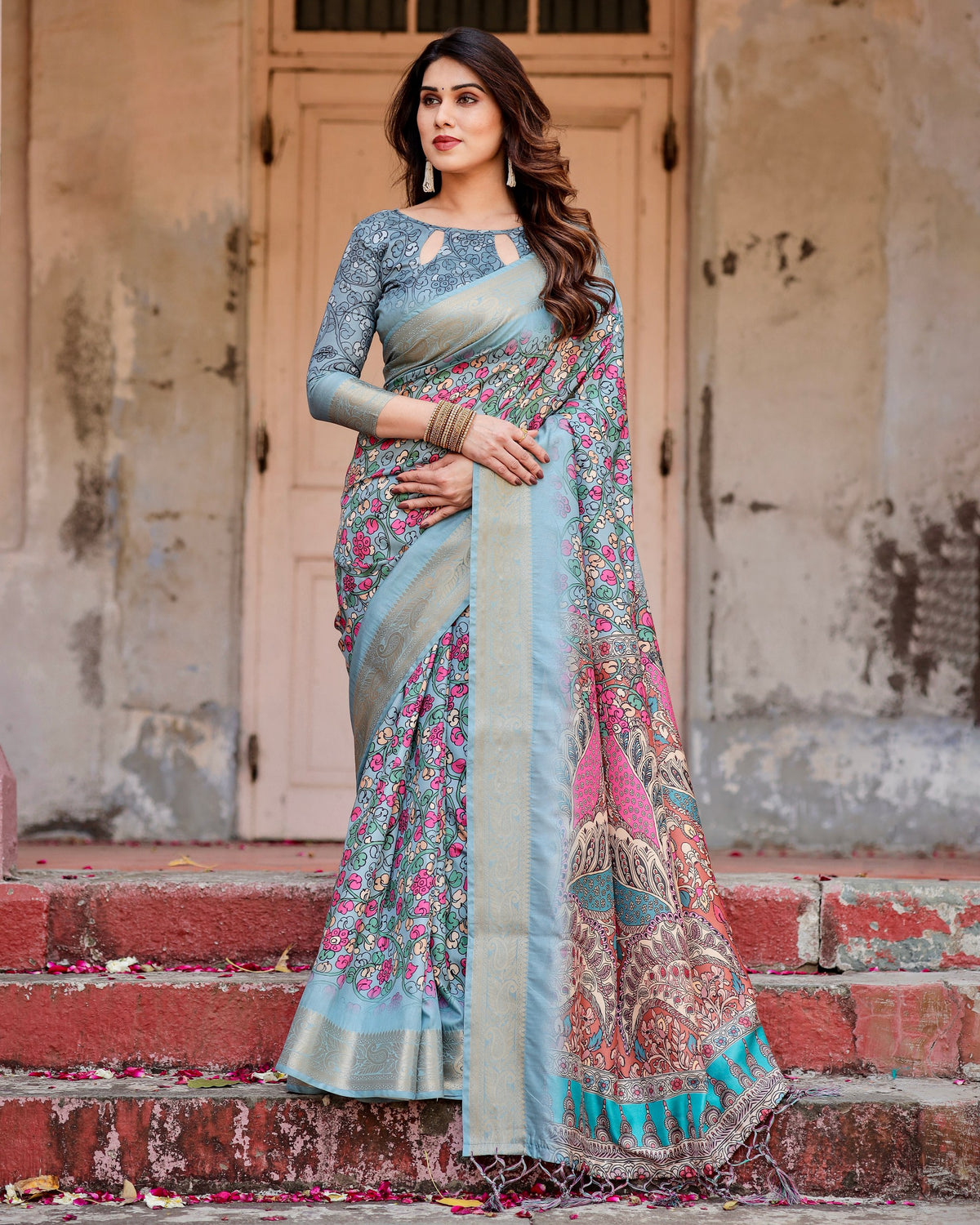 Pure Silk Digital Printed Saree with Brocade Blouse Colorful Saree