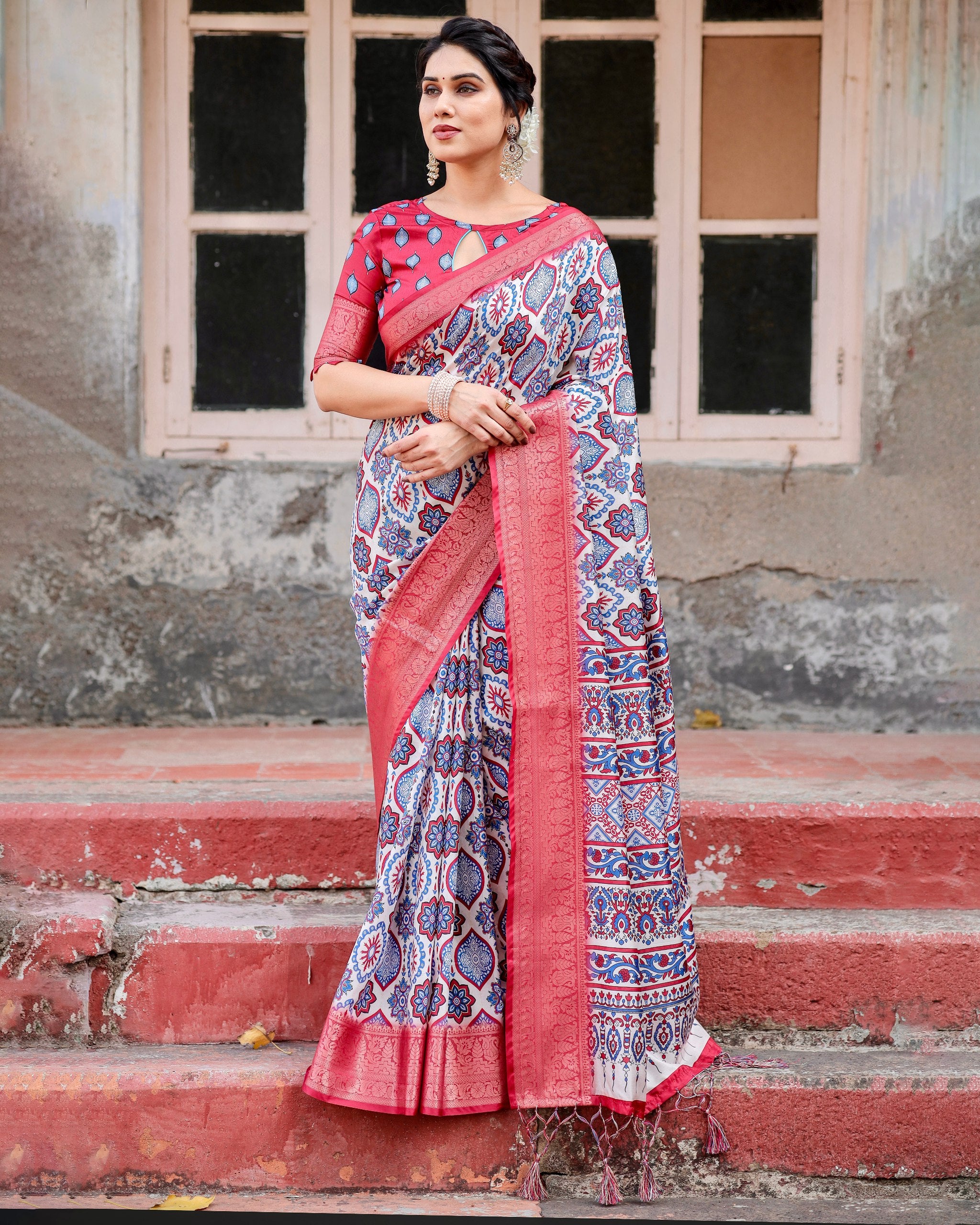 Pure Silk Digital Printed Saree with Brocade Blouse Colorful Saree