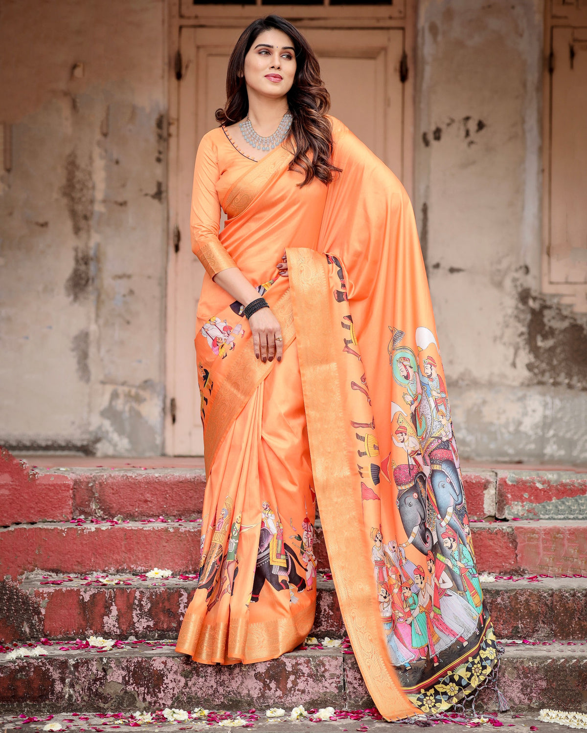 Pure Silk Digital Printed Saree with Brocade Blouse Colorful Saree