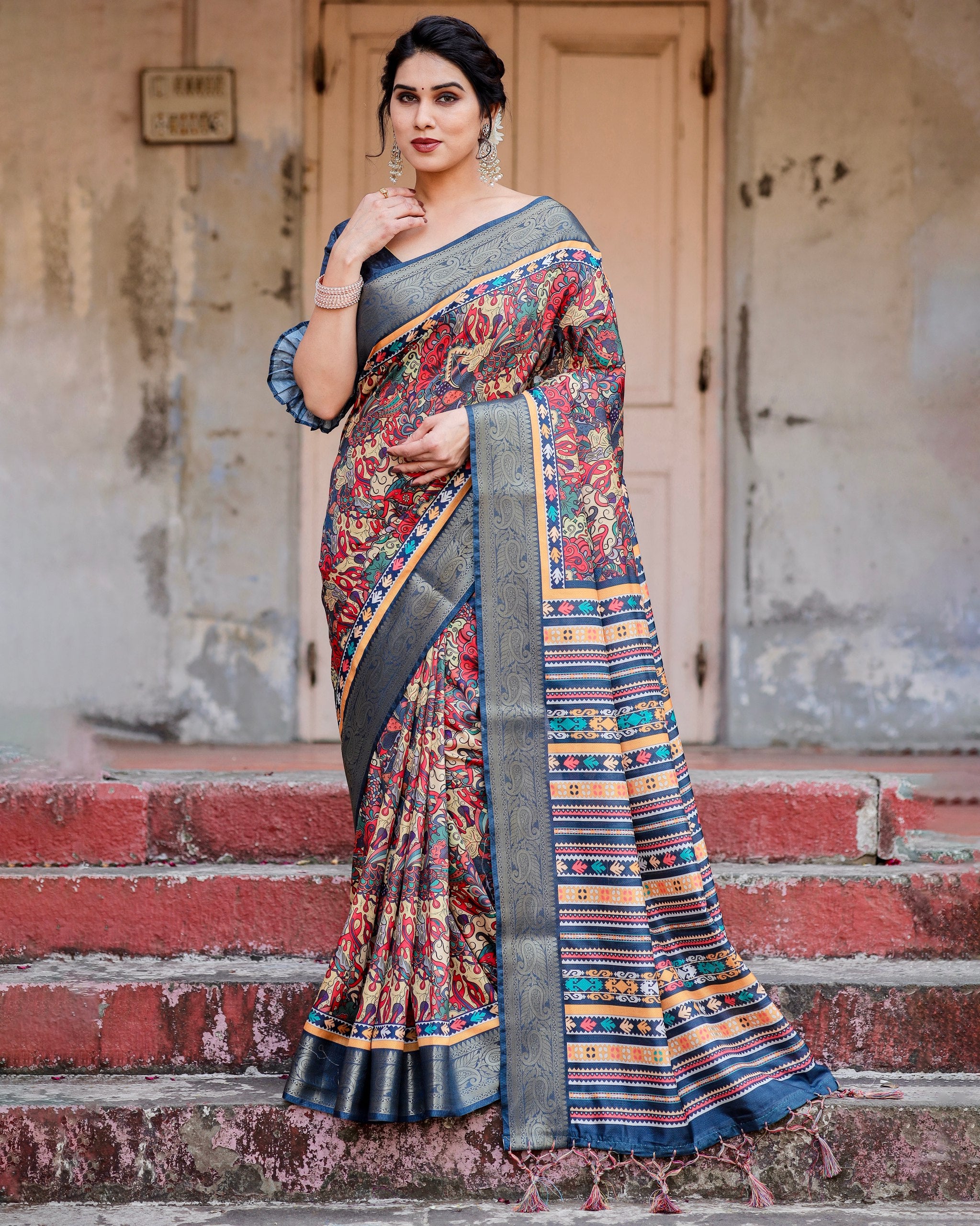 Pure Silk Digital Printed Saree with Brocade Blouse Colorful Saree