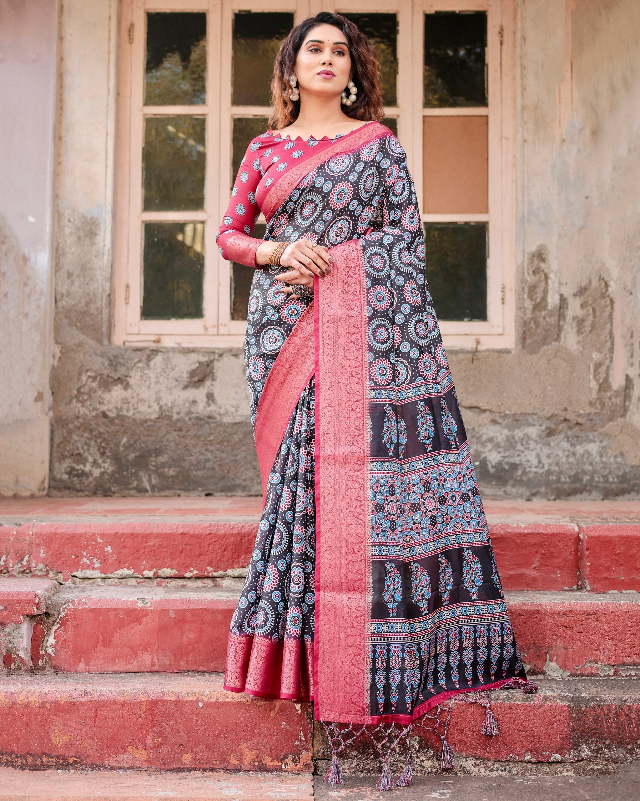 Pure Silk Digital Printed Saree with Brocade Blouse Colorful Saree