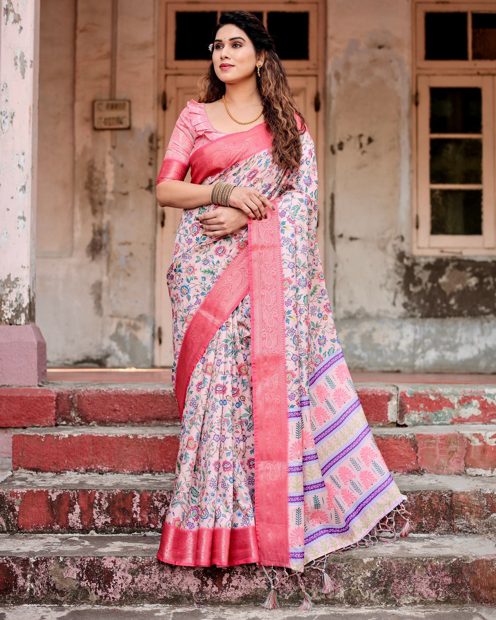 Pure Silk Digital Printed Saree with Brocade Blouse Colorful Saree