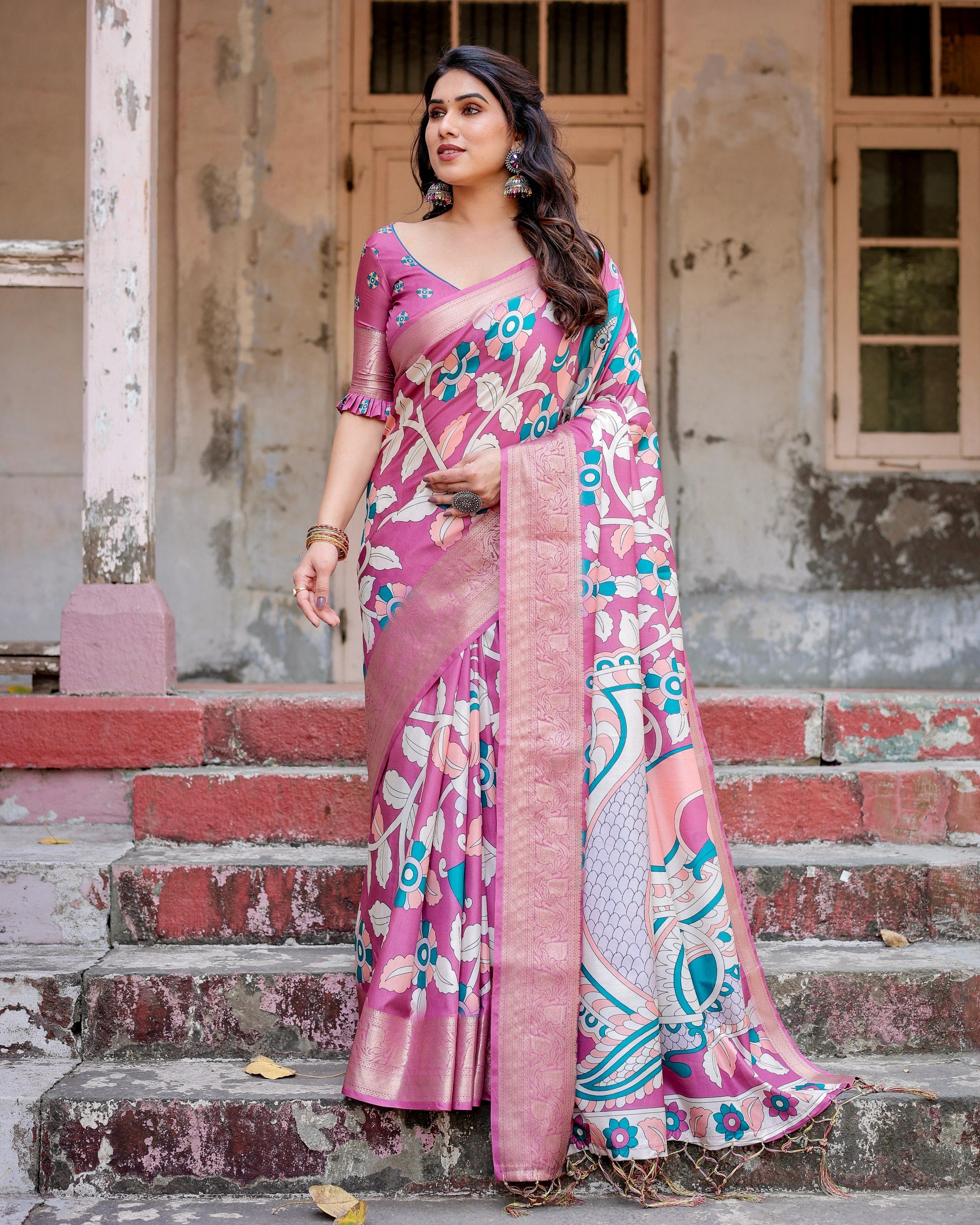 Pure Silk Digital Printed Saree with Brocade Blouse and Enchanting Tassels Colorful Saree