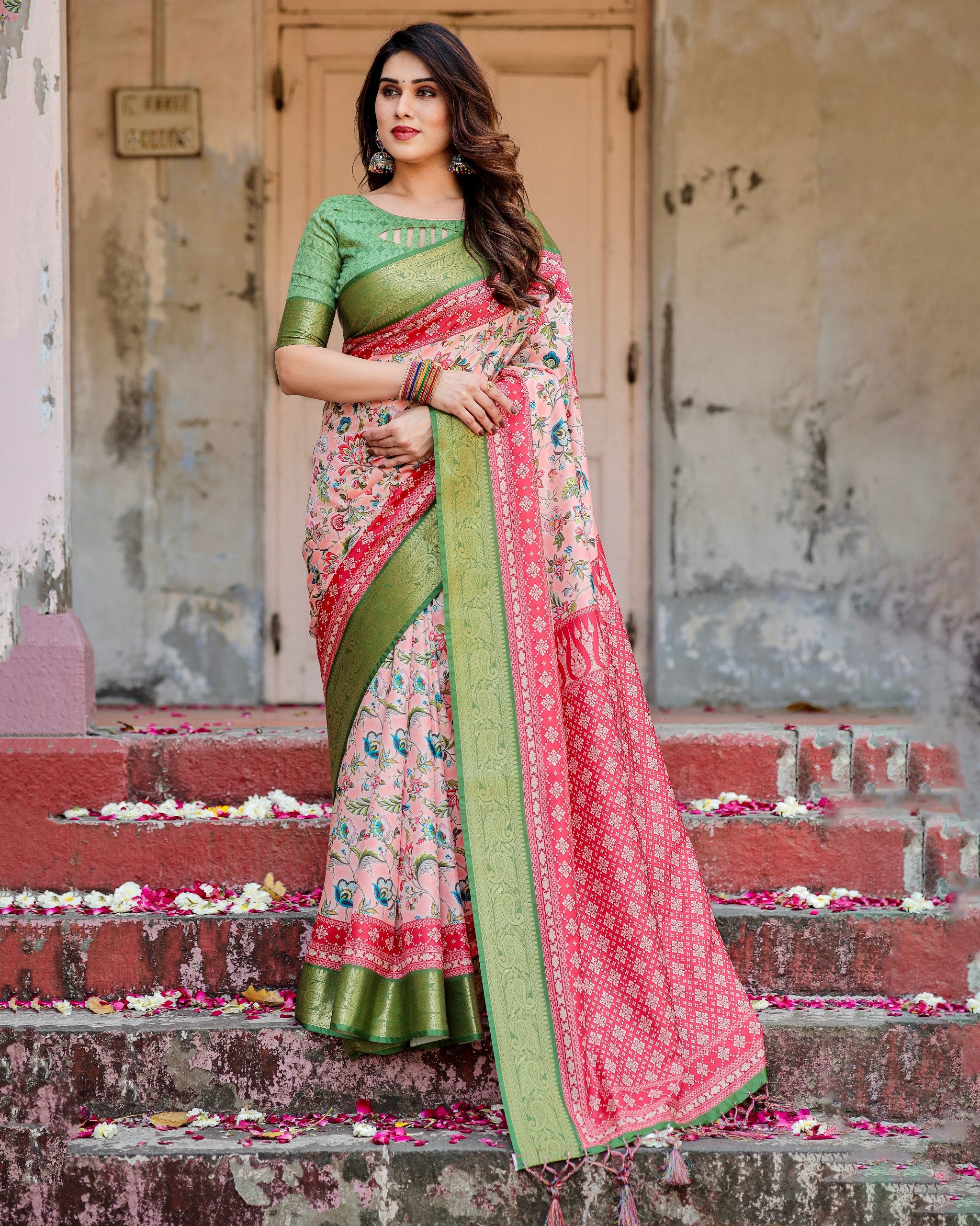 Pure Silk Digital Printed Saree with Brocade Blouse Colorful Saree