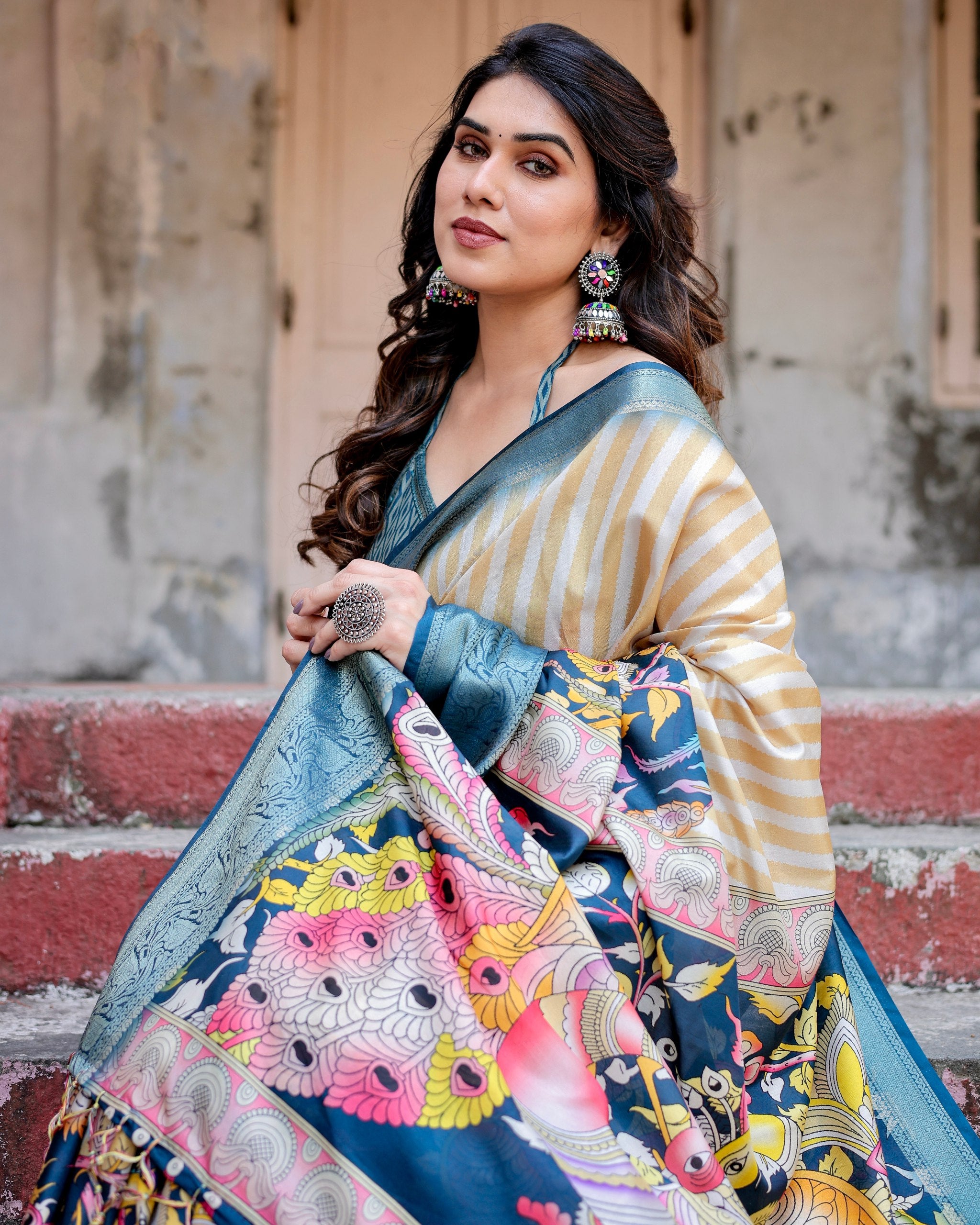 Pure Silk Digital Printed Saree with Brocade Blouse Colorful Saree