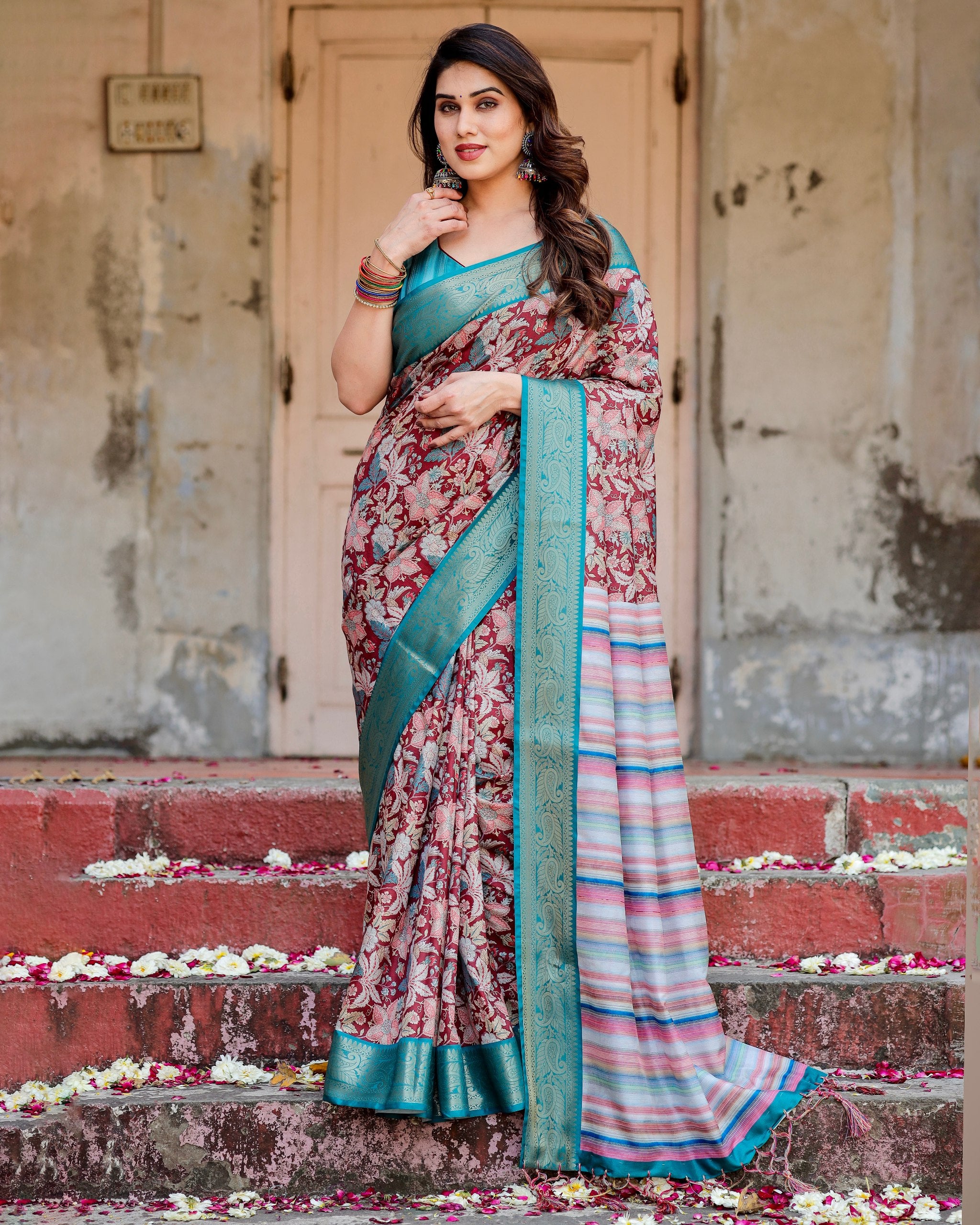 Pure Silk Digital Printed Saree with Brocade Blouse Colorful Saree