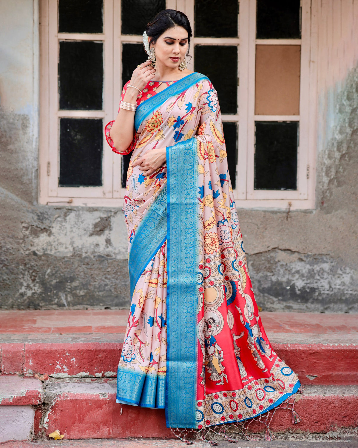 Pure Silk Digital Printed Saree with Brocade Blouse and Enchanting Tassels Colorful Saree