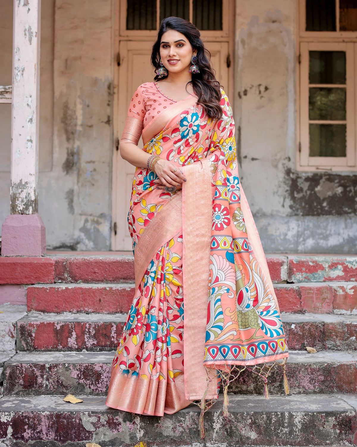 Pure Silk Digital Printed Saree with Brocade Blouse Colorful Saree