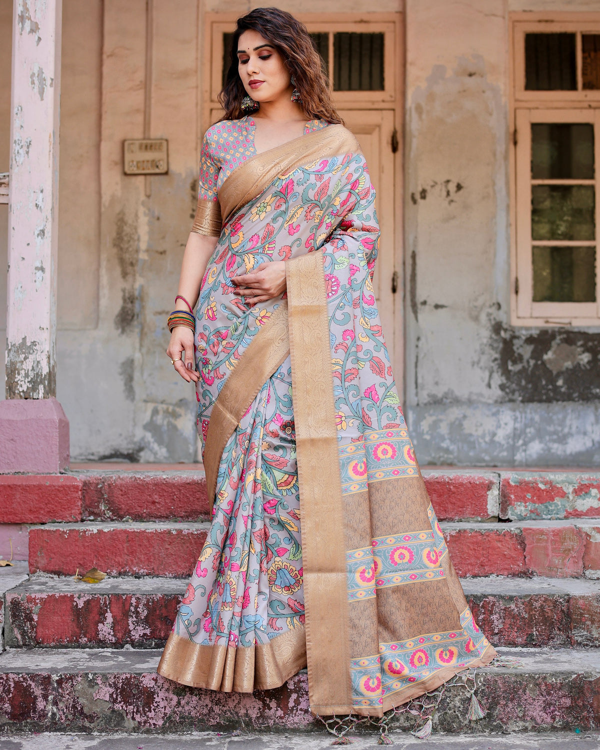 Pure Silk Digital Printed Saree with Brocade Blouse Colorful Saree