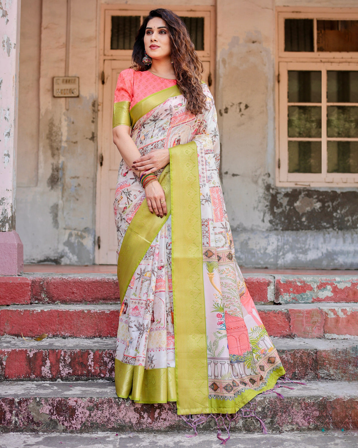 Pure Silk Digital Printed Saree with Brocade Blouse Colorful Saree