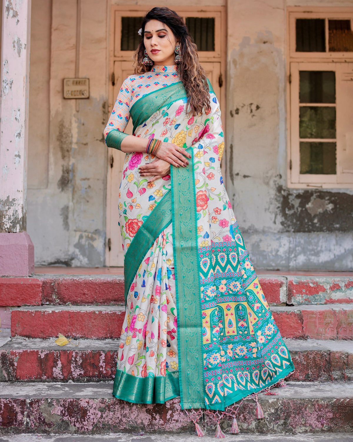 Pure Silk Digital Printed Saree with Brocade Blouse Colorful Saree