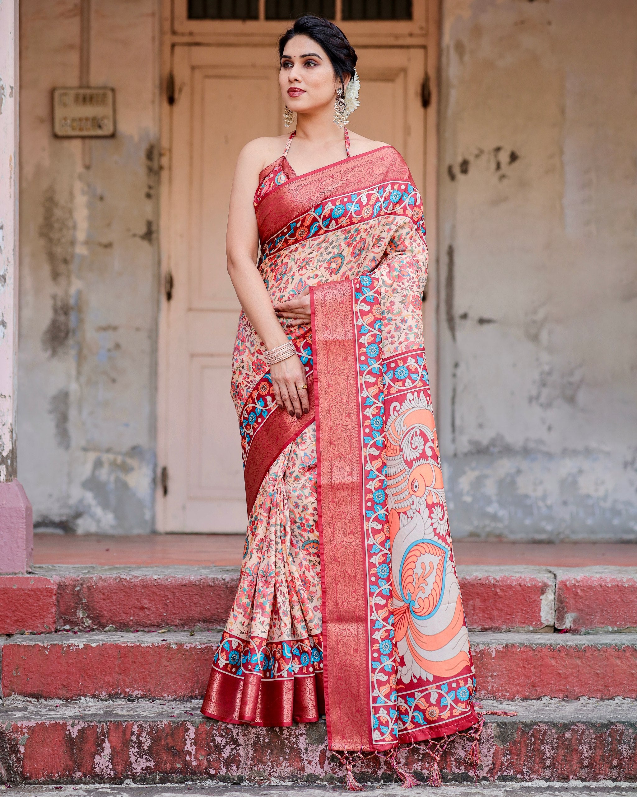 Pure Silk Digital Printed Saree with Brocade Blouse Colorful Saree