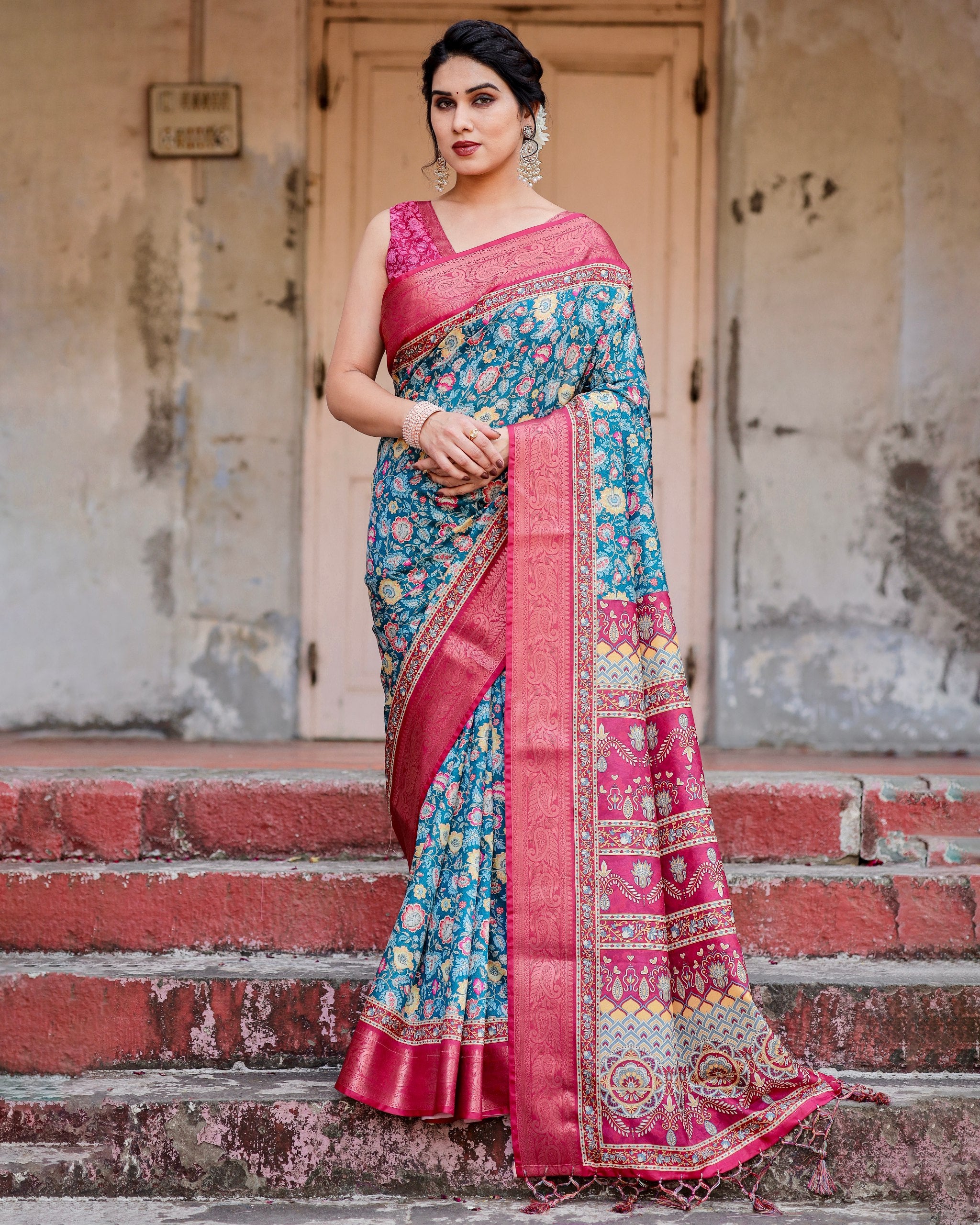 Pure Silk Digital Printed Saree with Brocade Blouse Colorful Saree