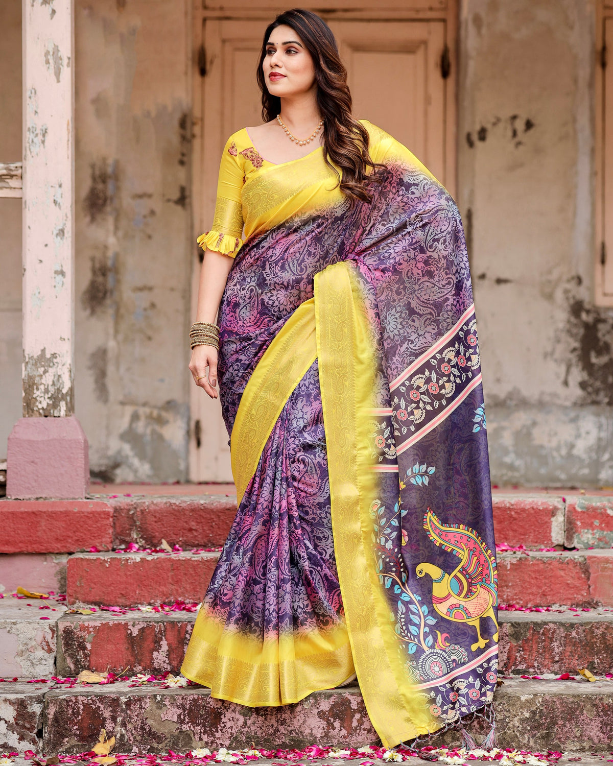 Pure Silk Digital Printed Saree with Brocade Blouse Colorful Saree