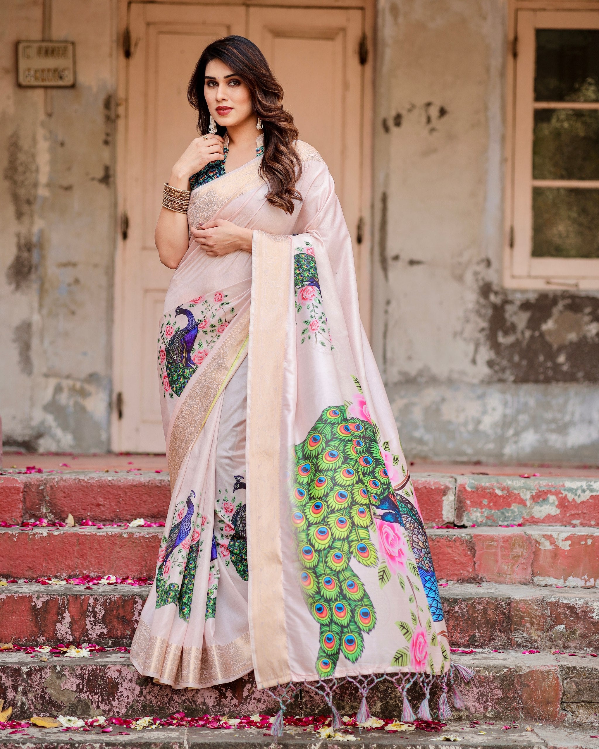 Pure Silk Digital Printed Saree with Brocade Blouse Colorful Saree