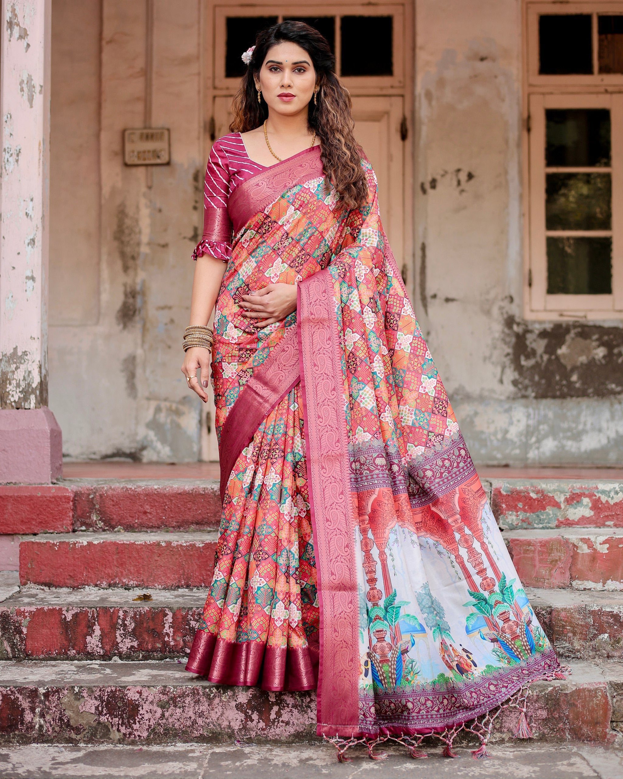 Pure Silk Digital Printed Saree with Brocade Blouse Colorful Saree