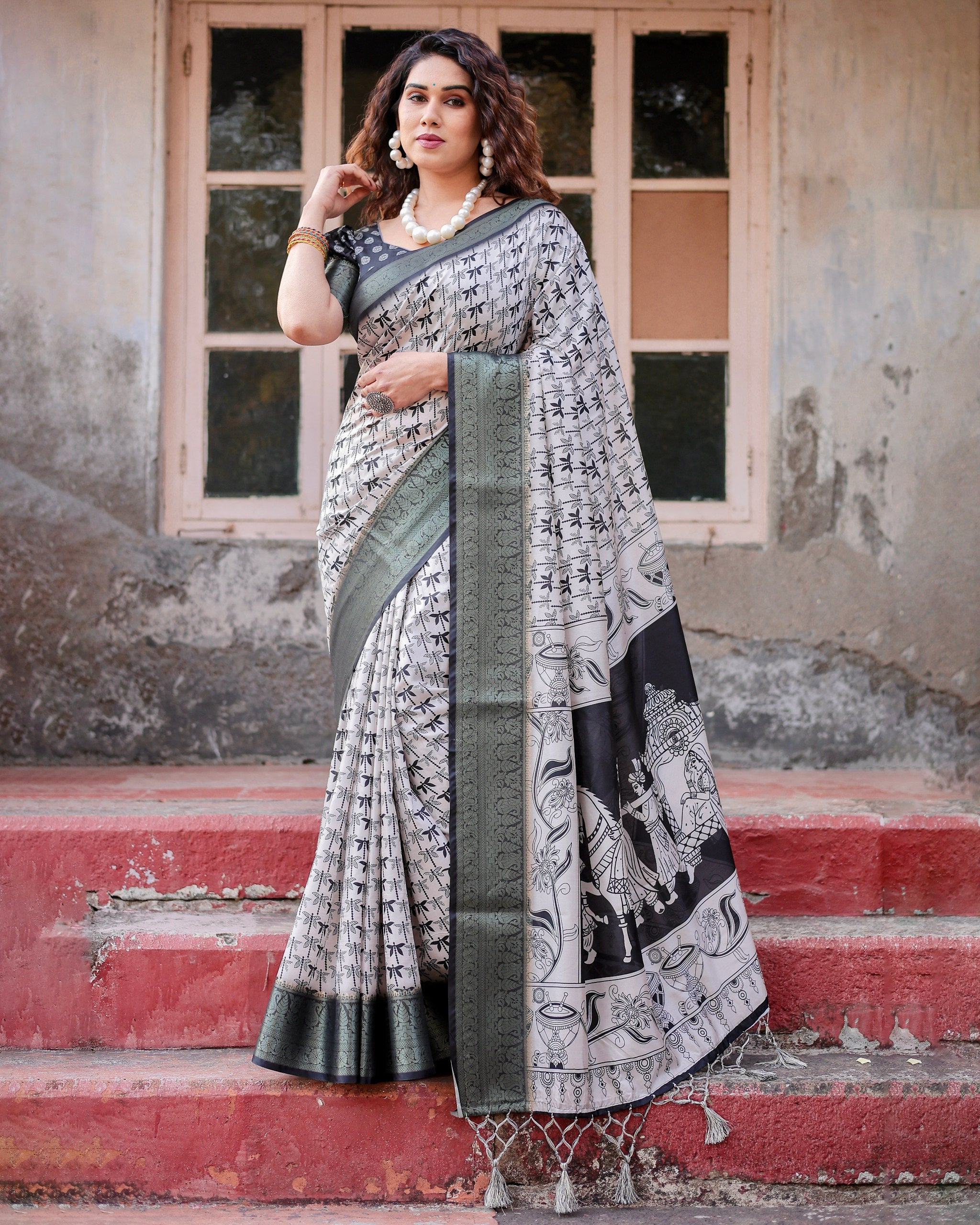 Pure Silk Digital Printed Saree with Brocade Blouse and Enchanting Tassels Colorful Saree