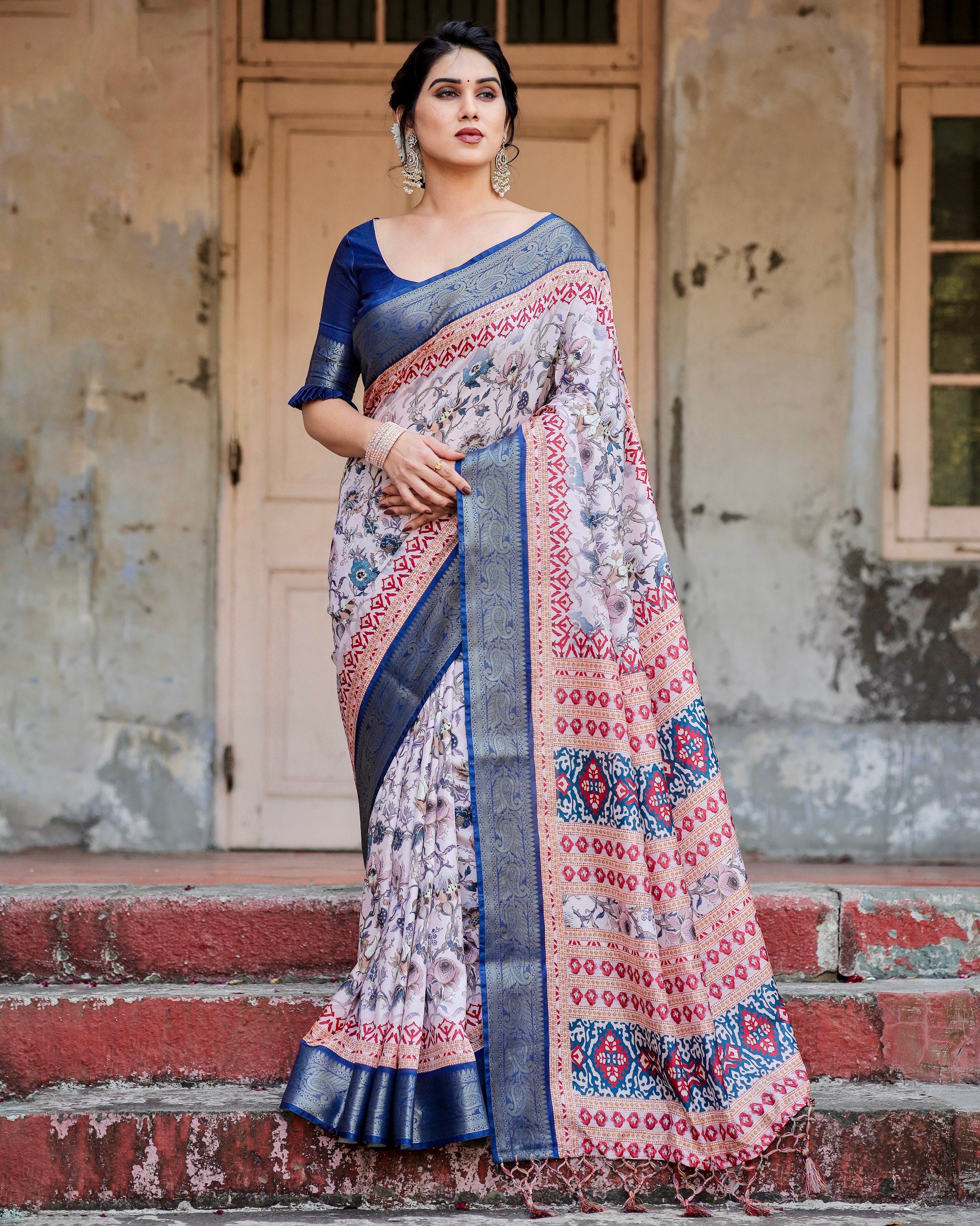 Pure Silk Digital Printed Saree with Brocade Blouse Colorful Saree