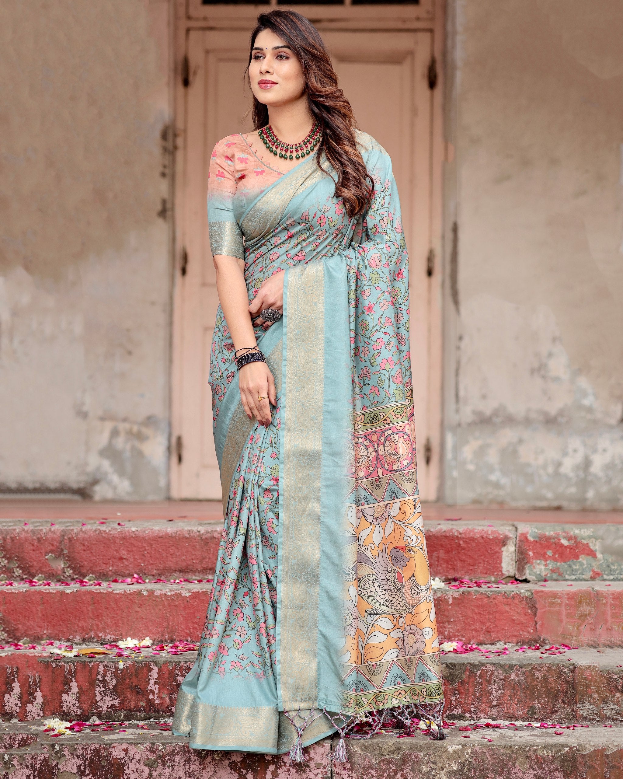 Pure Silk Digital Printed Saree with Brocade Blouse Colorful Saree