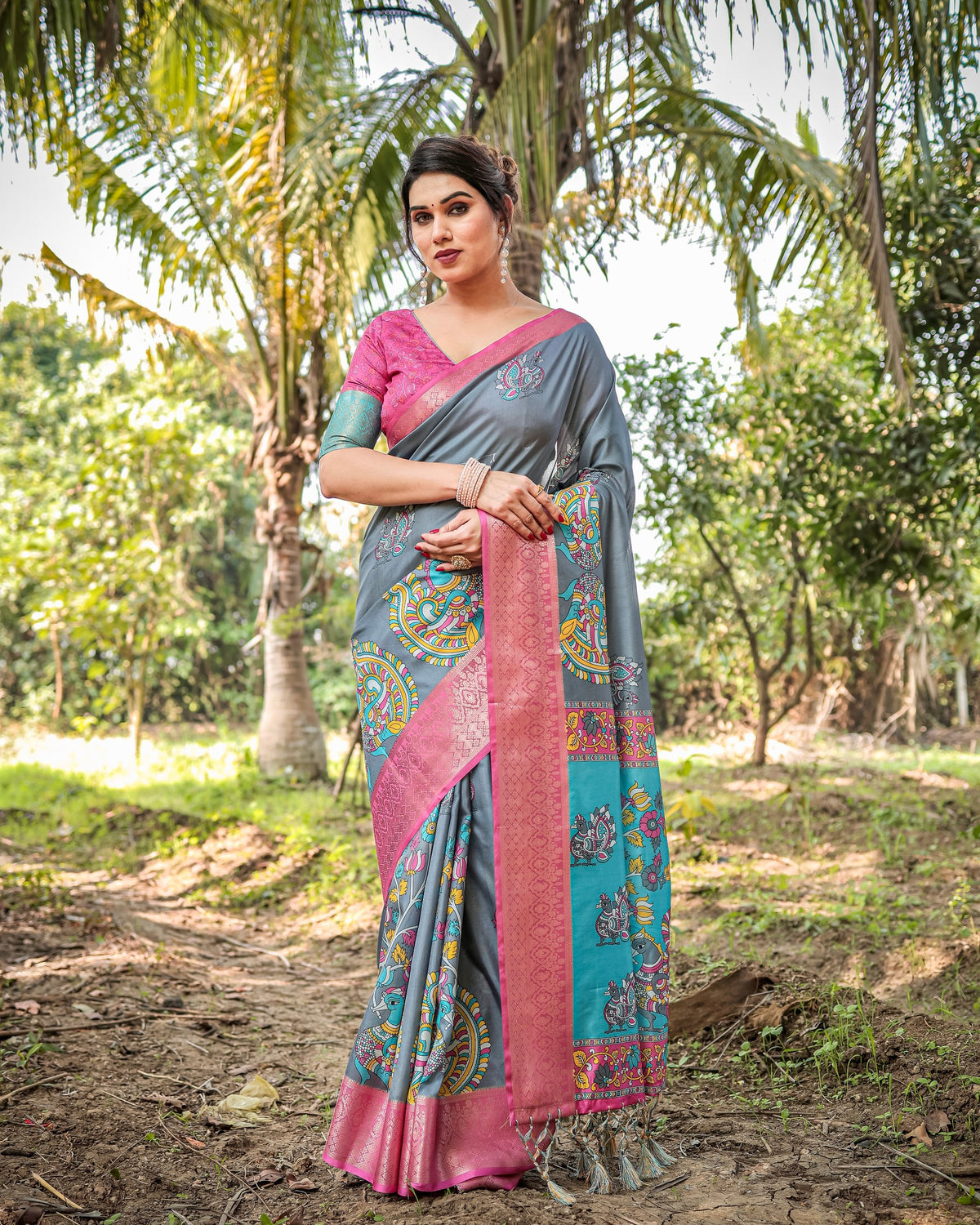 Pure Silk Digital Printed Saree with Brocade Blouse Colorful Saree