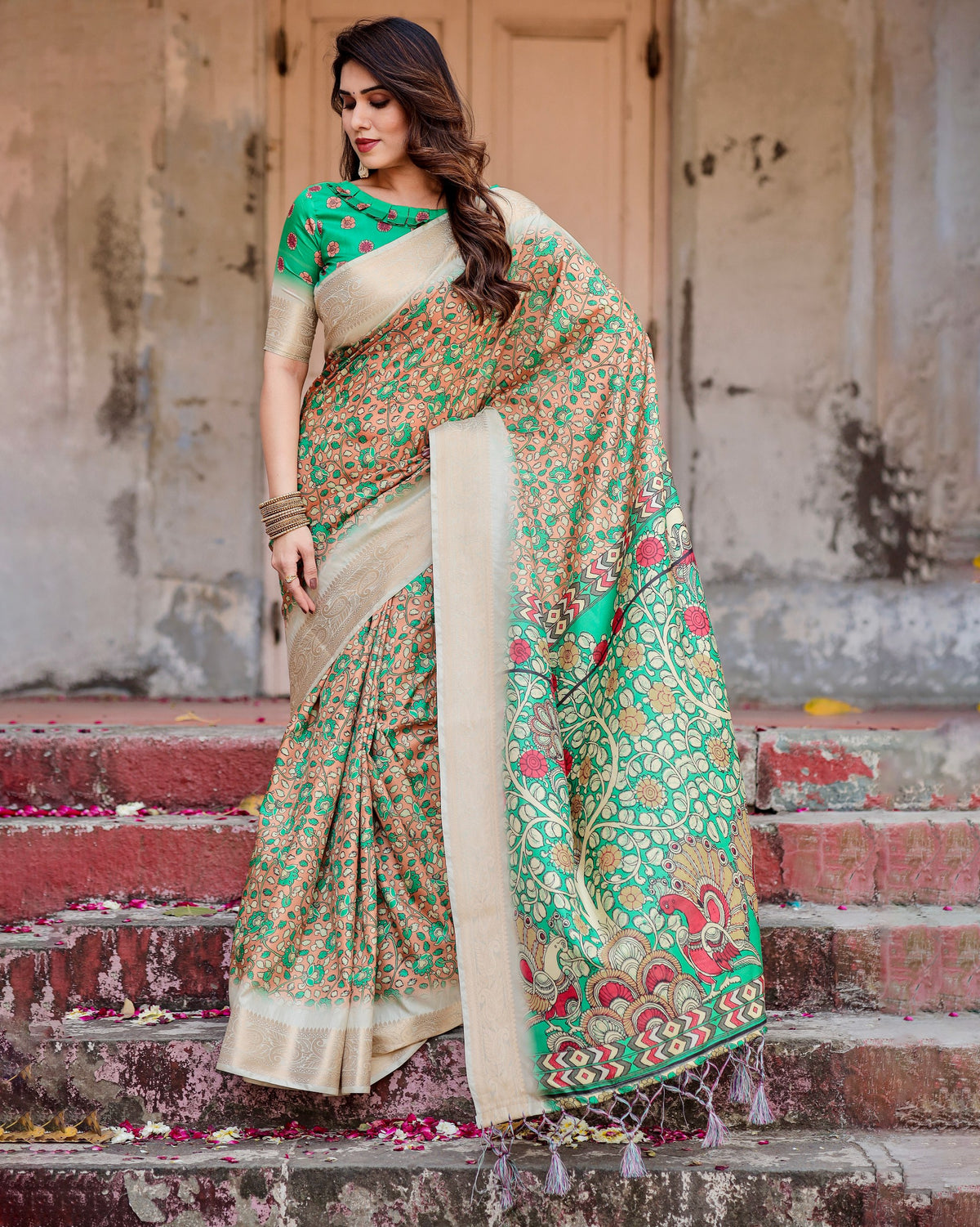 Pure Silk Digital Printed Saree with Brocade Blouse Colorful Saree