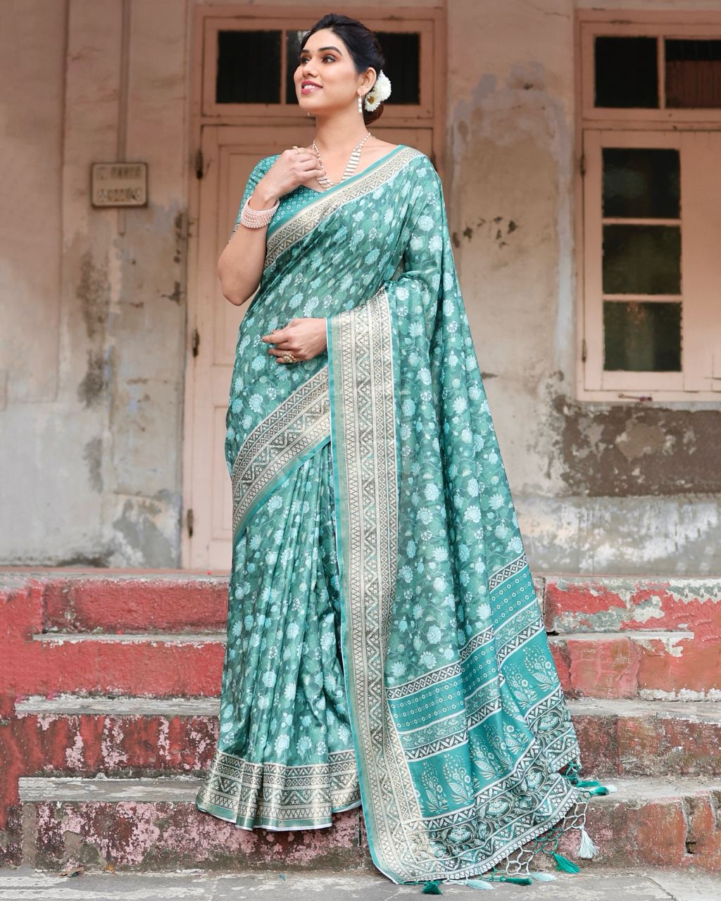 Pure Silk Digital Printed Sky Blue Saree with Brocade Blouse Colorful Saree