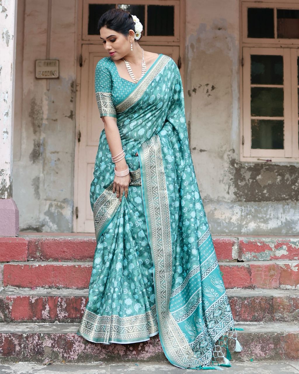 Pure Silk Digital Printed Sky Blue Saree with Brocade Blouse Colorful Saree