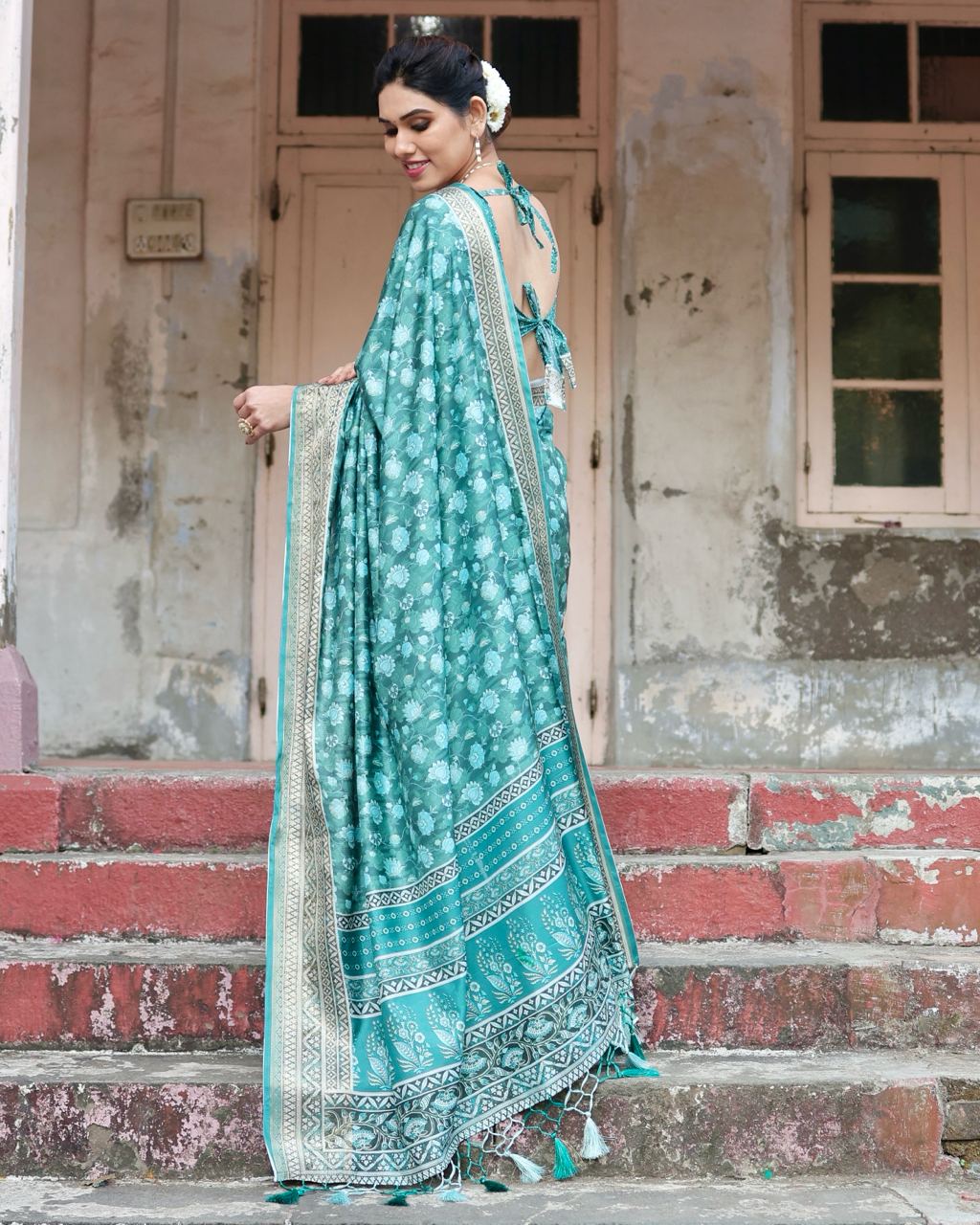 Pure Silk Digital Printed Sky Blue Saree with Brocade Blouse Colorful Saree