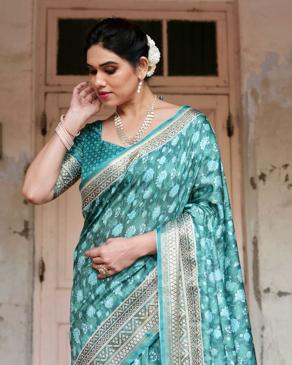 Pure Silk Digital Printed Sky Blue Saree with Brocade Blouse Colorful Saree