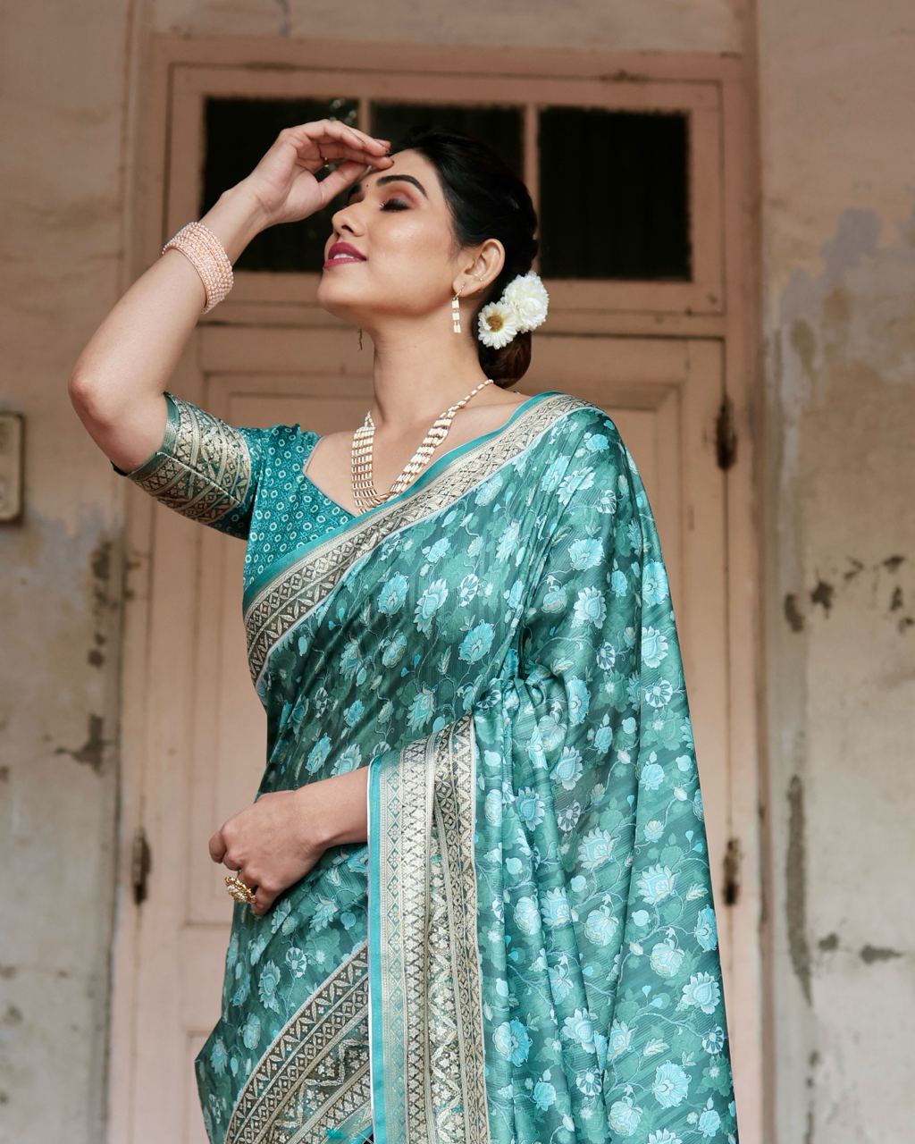 Pure Silk Digital Printed Sky Blue Saree with Brocade Blouse Colorful Saree