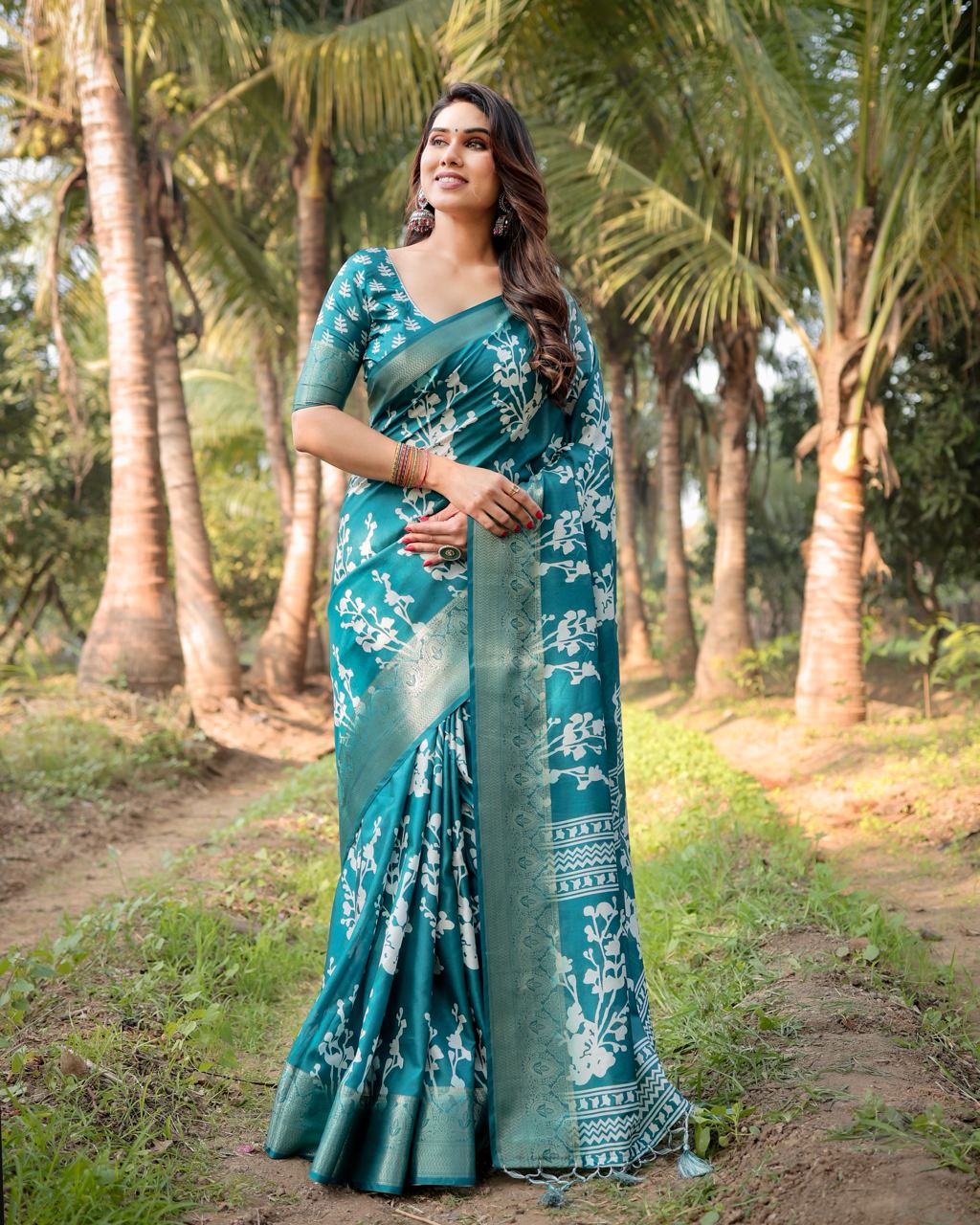 Pure Silk Digital Printed Sky Blue Saree with Brocade Blouse Colorful Saree