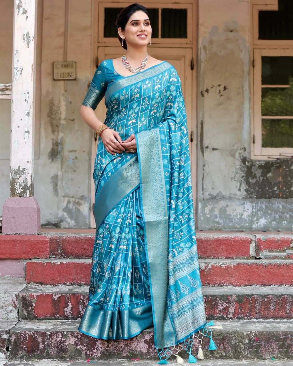 Pure Silk Digital Printed Sky Blue Saree with Brocade Blouse Colorful Saree