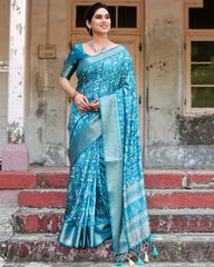 Pure Silk Digital Printed Sky Blue Saree with Brocade Blouse Colorful Saree